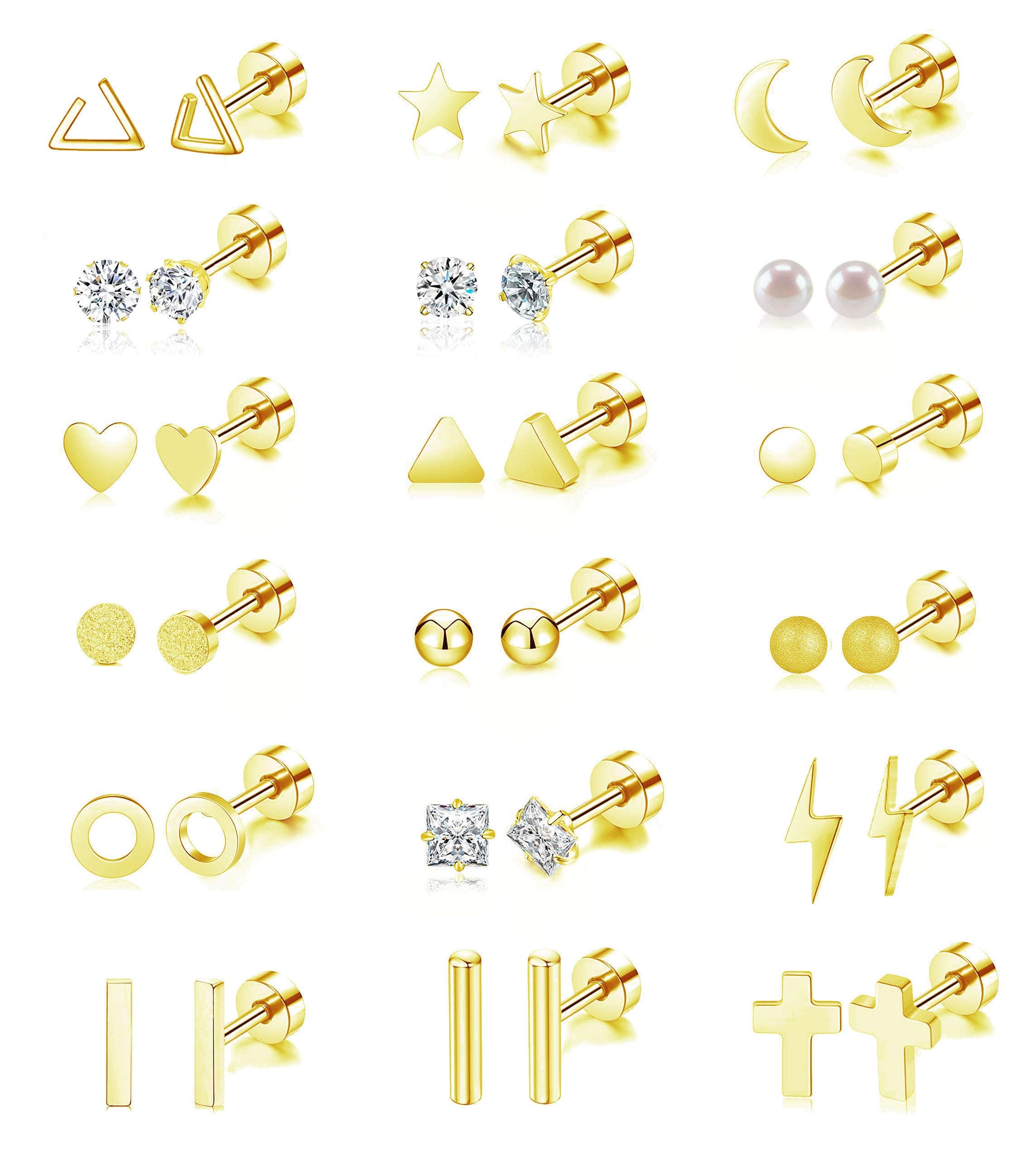 18 Pairs Tiny Cartilage Stud Earrings for Women Men Star Moon Heart Disc Ball CZ Small Screwback Flat Back Stud Earrings Stainless Steel Geometric Barbell Flatback Earrings Piercing Set