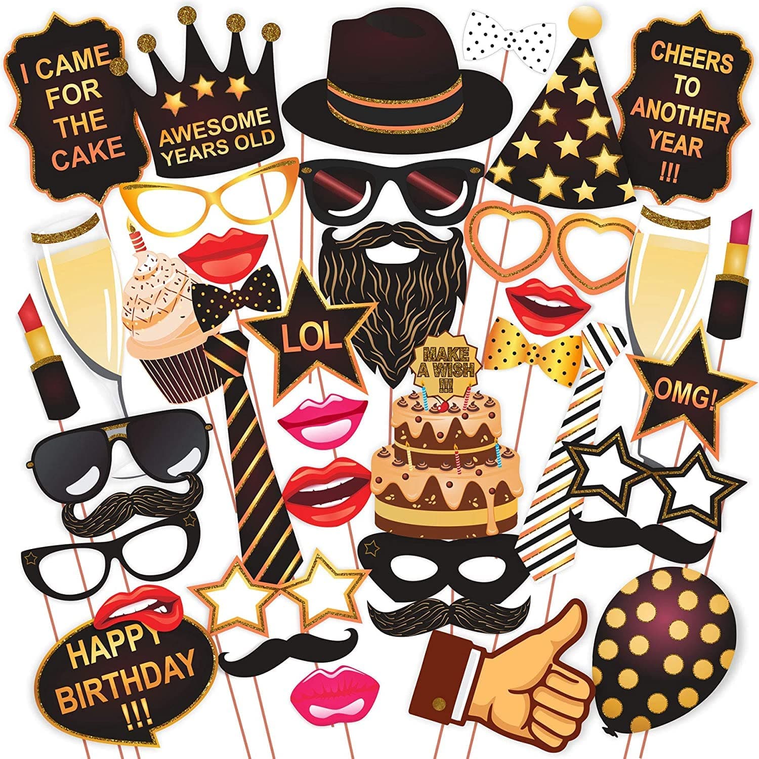 WOBBOX Birthday Party Props of Mustache, Glasses Frames, Lips, Crown, Pipe, Eyes, Hat and Hap, (40 Piece Kit)