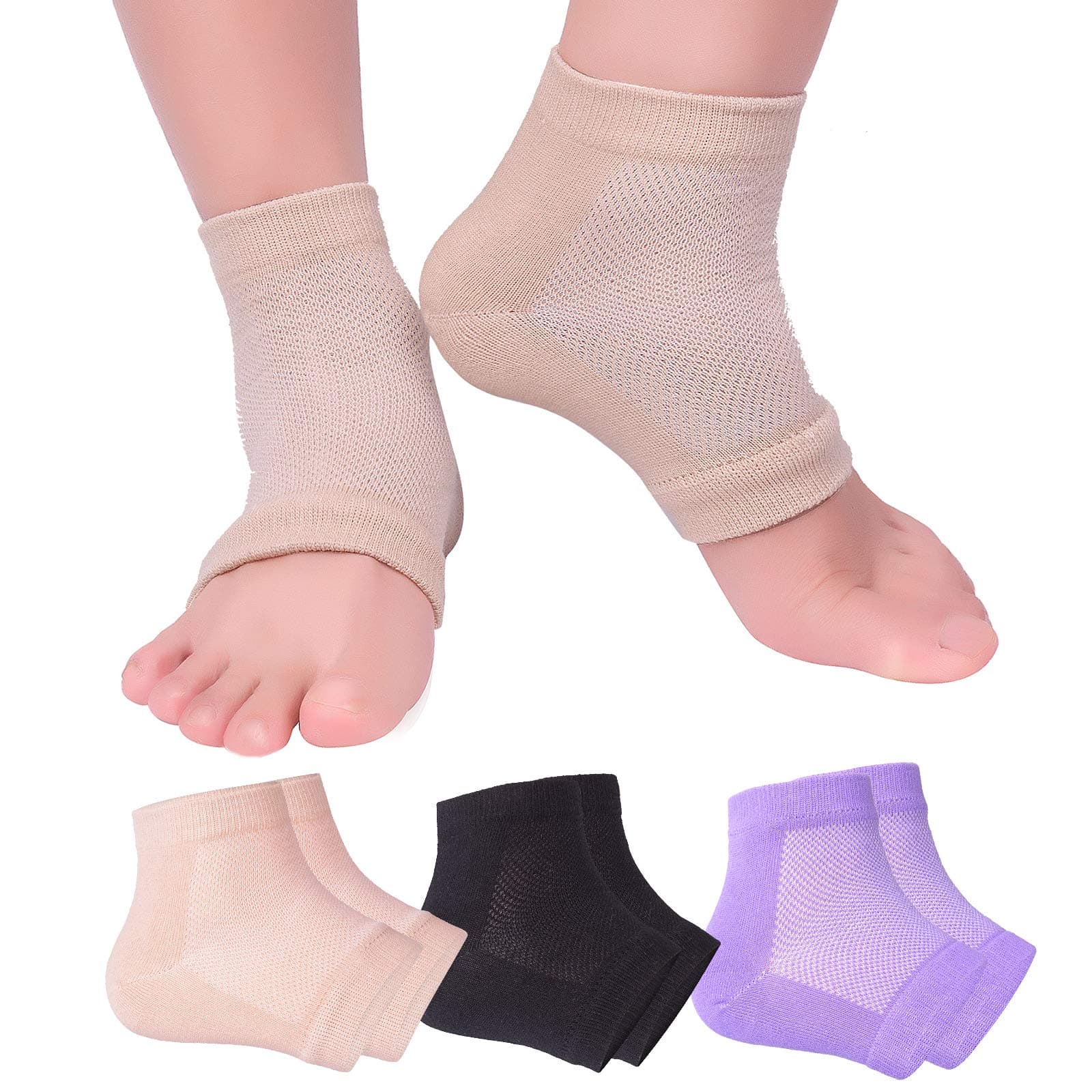 Vented Moisturizing Gel Heel Socks, 3 Pairs Toeless Spa Sock for Foot Care Treatment, Cracked Heels, Dry Feet, Foot Calluses (Purple, Black, Beige)
