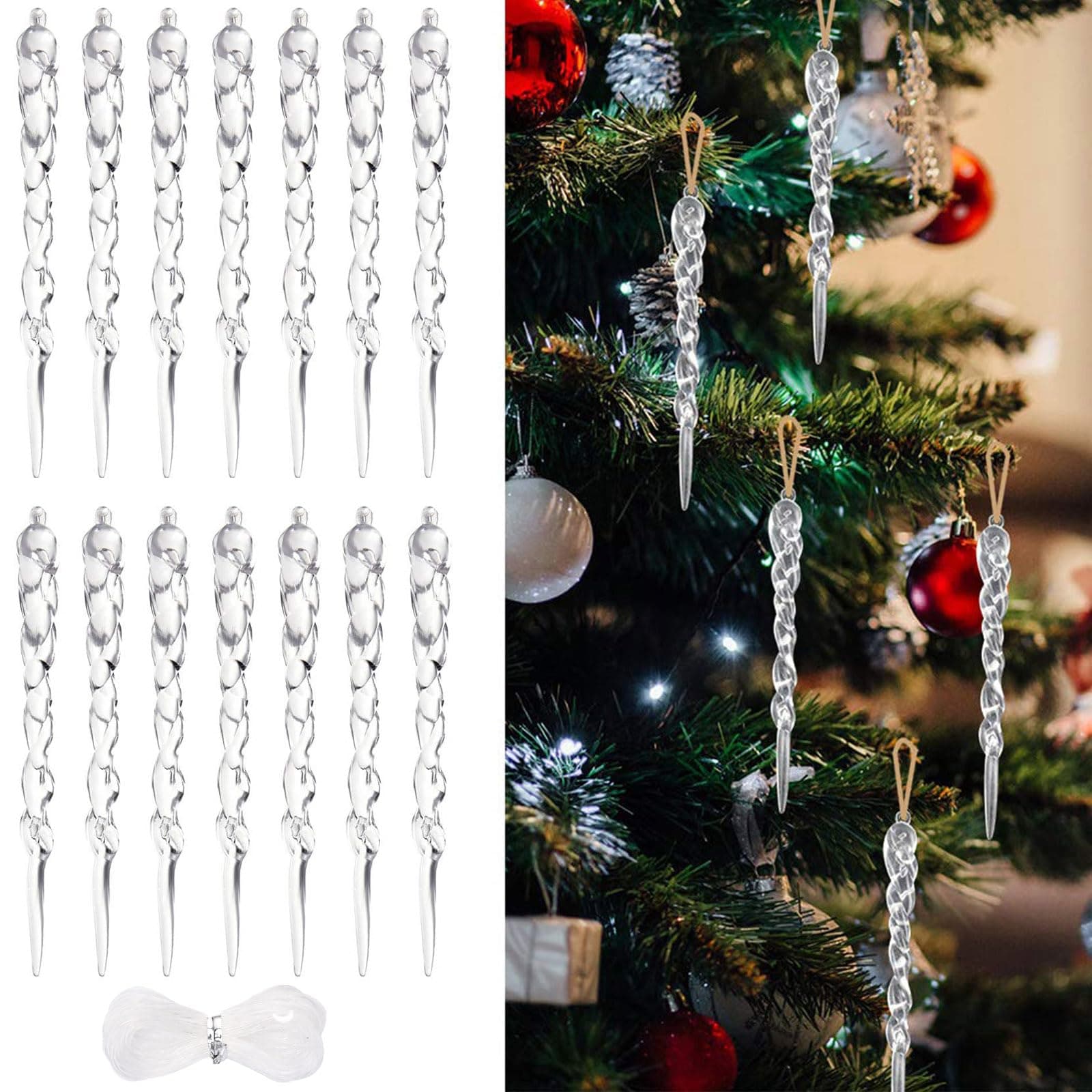 BAOTUJIA 50 PCS Christmas Tree Decorations Items Clear Acrylic Icicle Christmas Hanging Ornament Set Suitable for Xmas Home Decor Tree Hanging Decorations