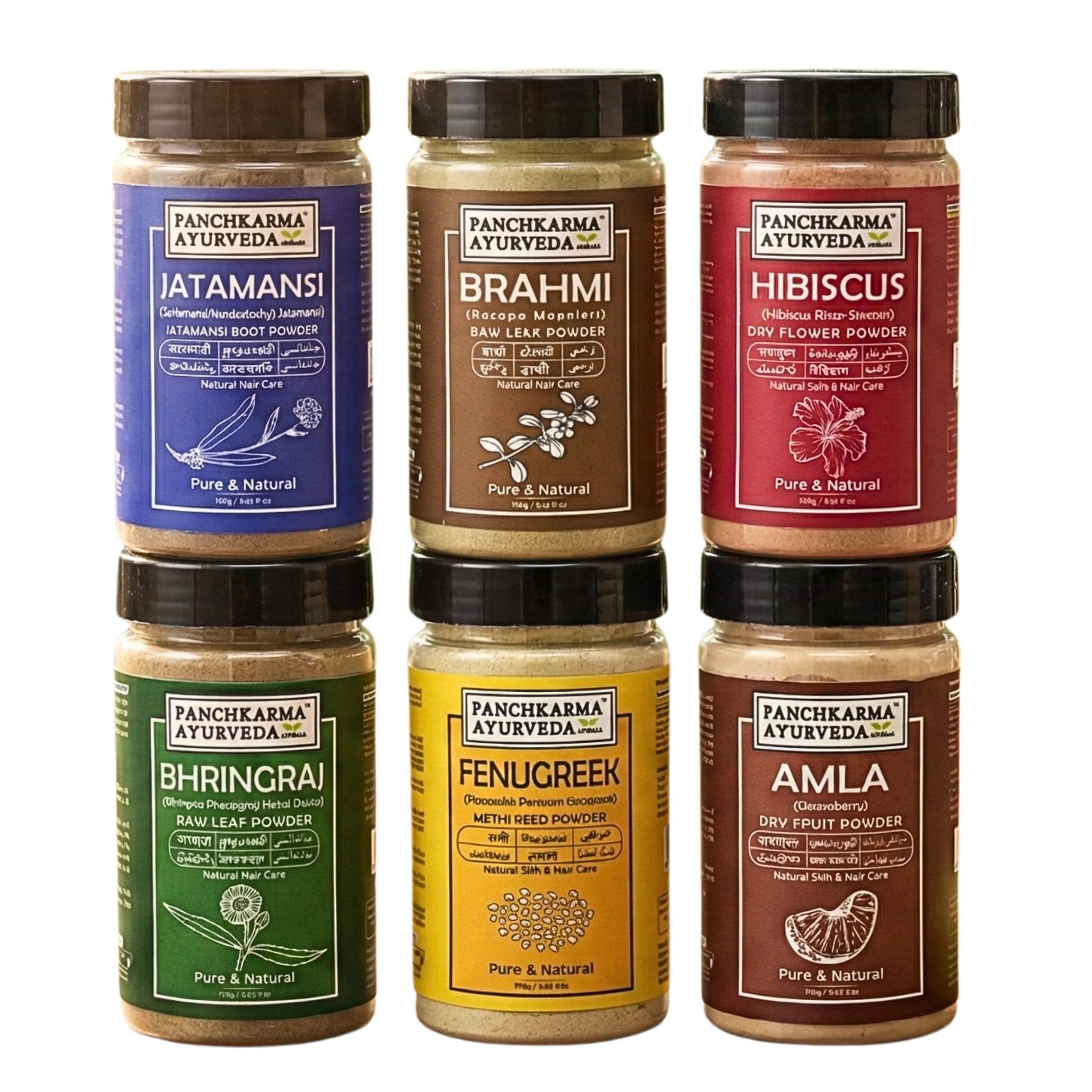 Panchkarma Ayurveda Combo Of 6 Pieces Herbal & Natural Jatamansi Brahmi Hibiscus Bhringraj Fenugreek Amla Powder For Thin Hair, Shine, Anti-Dandruff Hair Pack (100g x 6 Pieces)
