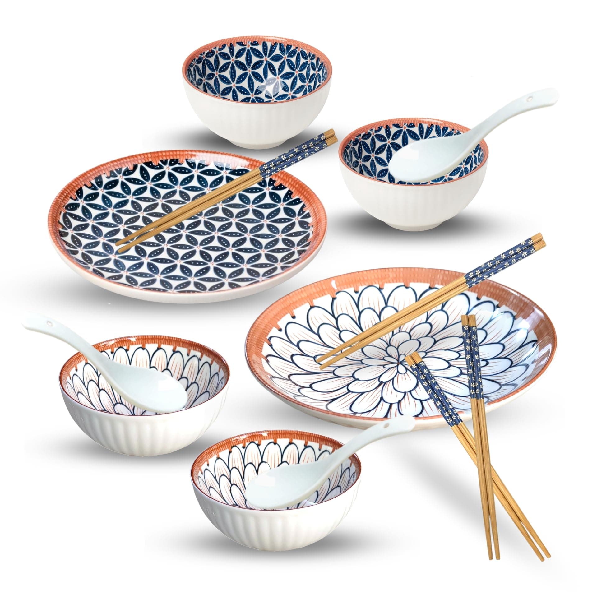 YELONA Japanese Ramen Porcelain Dinner Set with 4 Soup Bowls | 4 Soup Spoons | 4 Chopsticks | 2 Plates | Microwave Safe for Lunch, Dinner, Festive Gifts