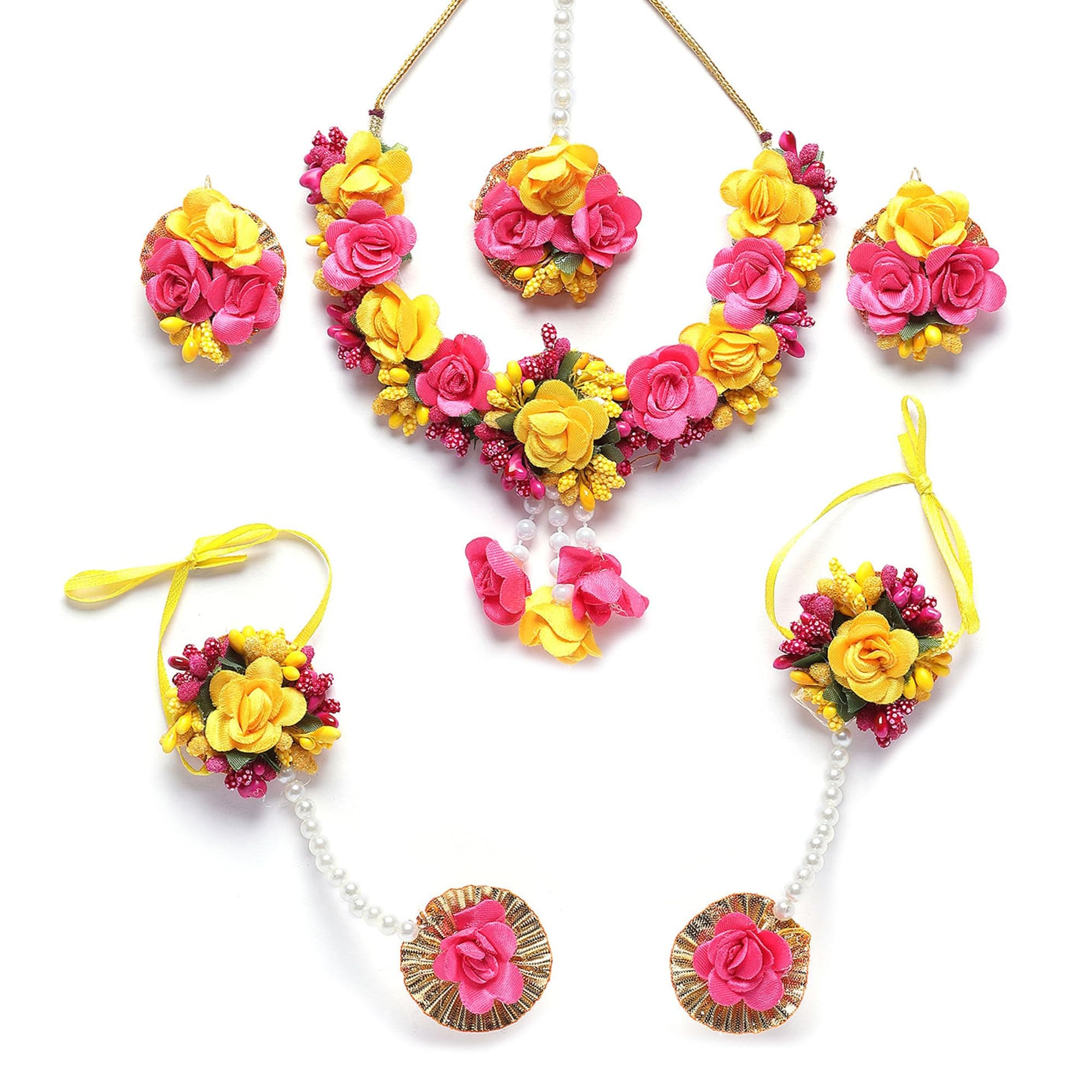 ZENEME Handmade Pink & Yellow Floral Jewellery Set for Women & Girls | Handcrafted Flower with Pearls Necklace Set with Earrings, Maang Tikka & Pair of Hathphool | Mehendi, Haldi, Wedding & Bridal Jewallery
