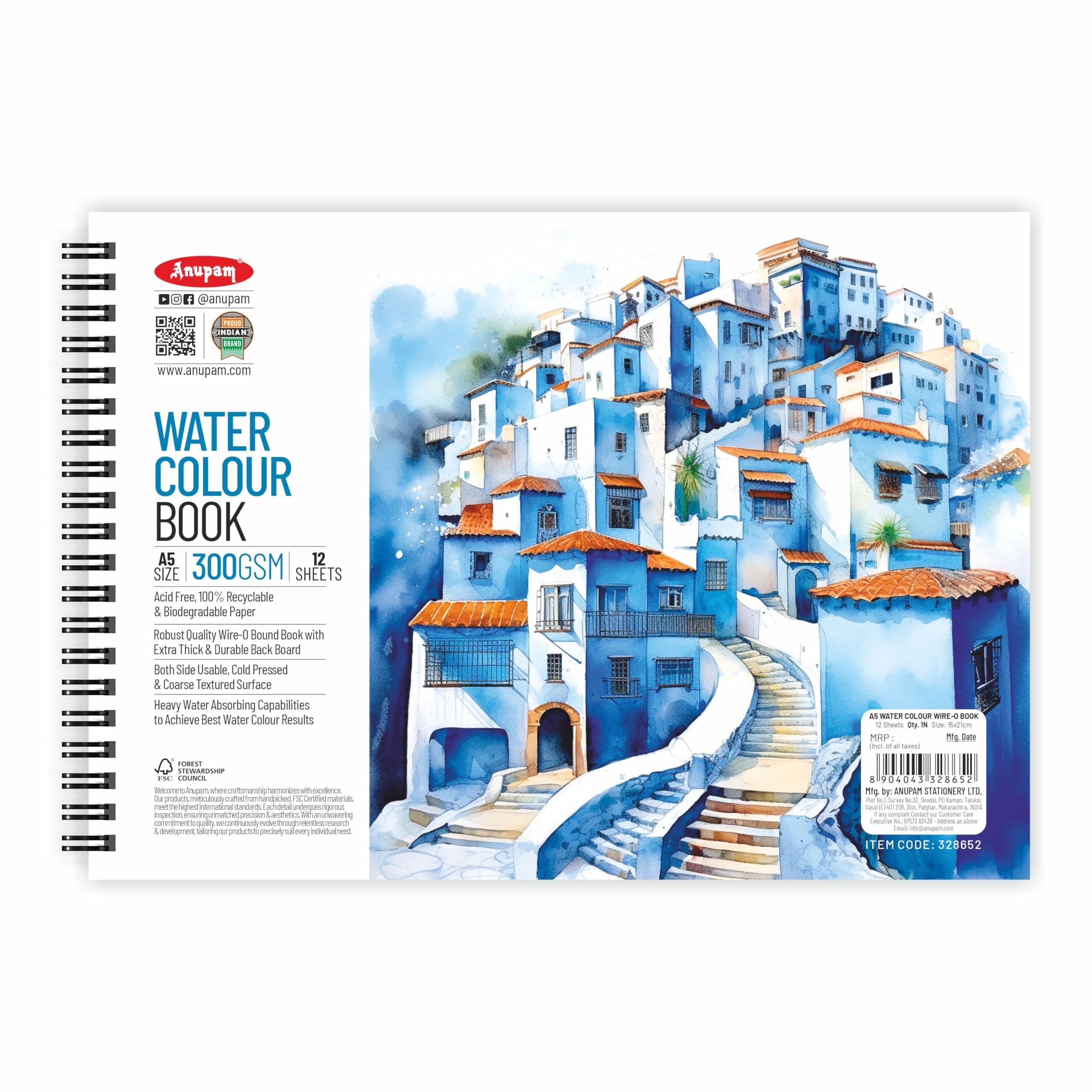 Anupam Artists Watercolour Wire-O Book 300 GSM Cold Pressed A5, 24 Pages for Watercolour, Gouache, Ink, Acrylic, Wet & Mixed Media, Art Painting, Drawing for Artists & Amateurs {Random Cover page}