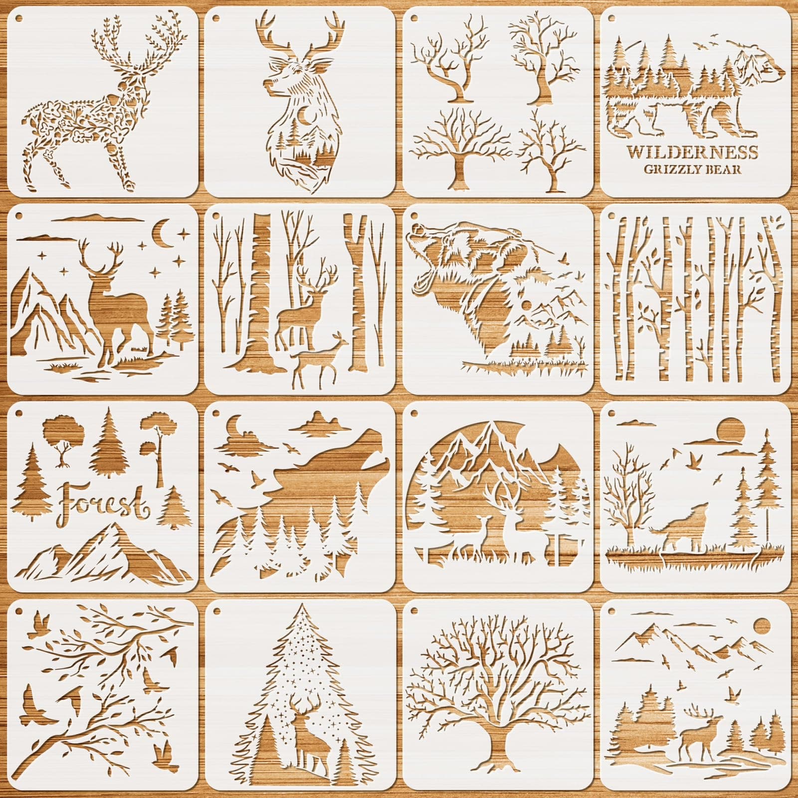 JSRQT Forest Animal Painting Stencils, 16 Sheets Reusable PET Material, 7.87 x 7.87 Inches, Perfect for Wall Decors, Gift Boxes, Canvas Bags