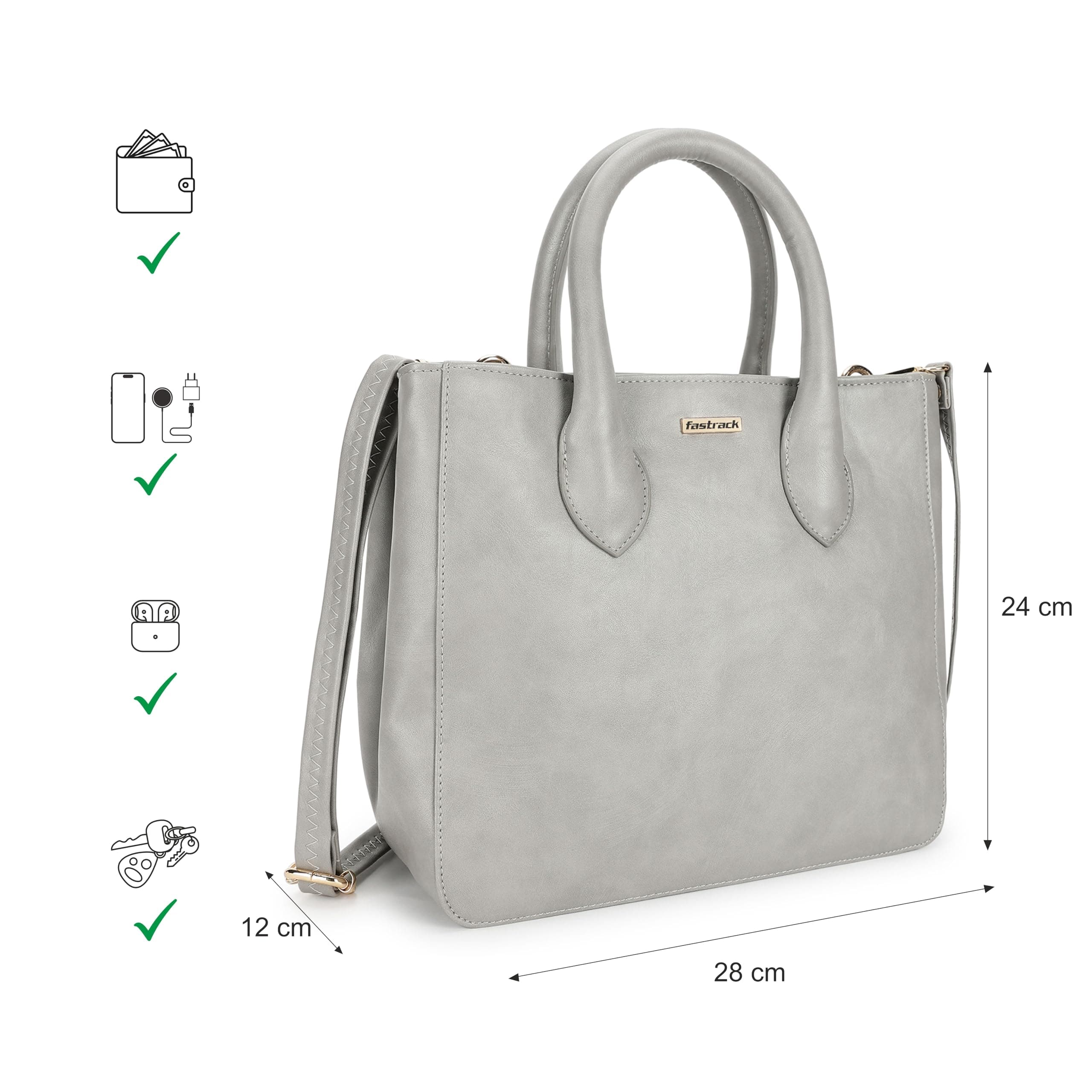 Fastrack Structured Solid Satchel Bag for Women, Girls & Ladies | Detachable Sling Strap | Ladies Purse Handbag