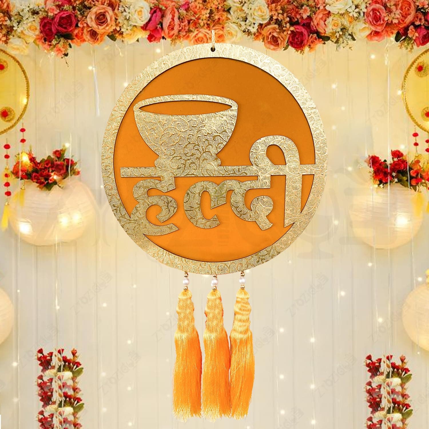 Zyozique 1 Pcs MDF Backdrop Prop for Haldi, Mehndi, Sangeet, Photo Booth & Entrance Decor | Haldi Board for Home Decorations | Haldi Decorations Door Board,| Haldi Board For Bride & Groom (Yellow)