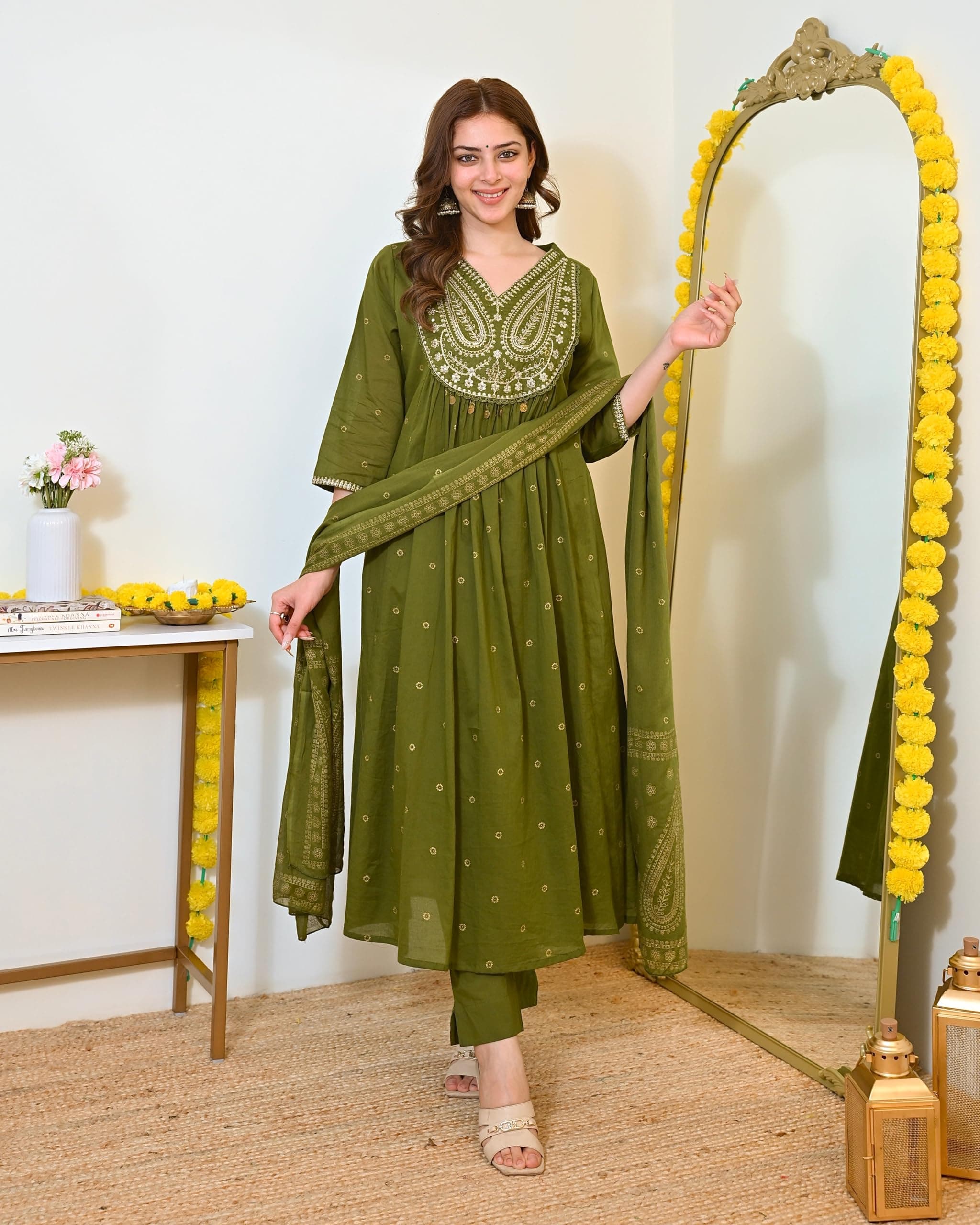 piludi Women Embroidered Anarkali Kurta Set with Dupatta | Ethnic Cotton Blend Kurti with Pant
