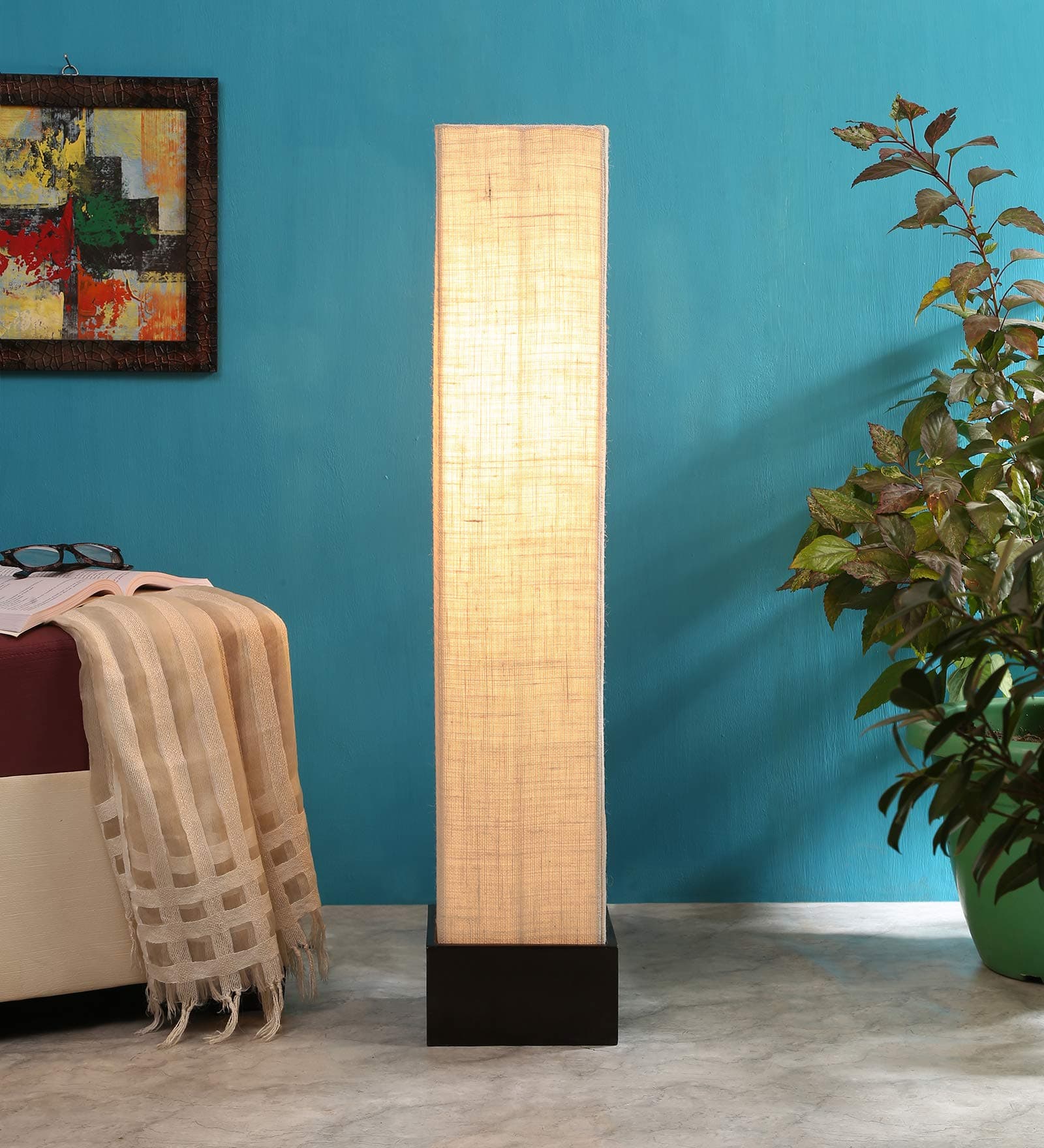 AMDHOME Jute Shade LED Floor Lamp, Standing Modern Round Wood Base (33 Inch, Color - White) - for Bedside & Living Room, Bedroom | Home Decor, Hotel, Office Decoration | Perfect for Gifting