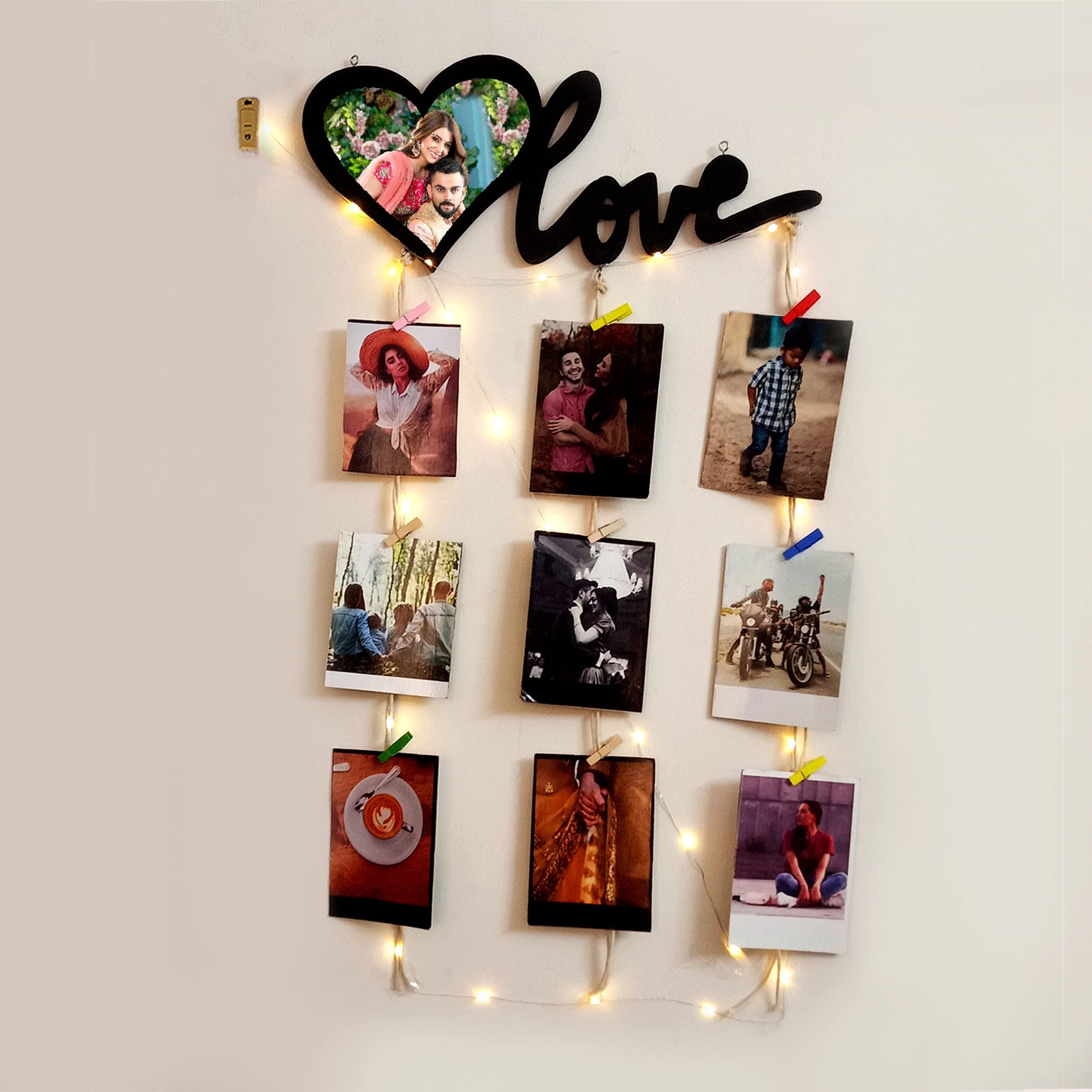 VAH- Kya Bat Hai !! photo wall hanging, memories wall hanging, hanging photo frames for wall decoration, photo frames for wall decoration with light (1 LED, 1 Tap & 12 Wooden Clips)