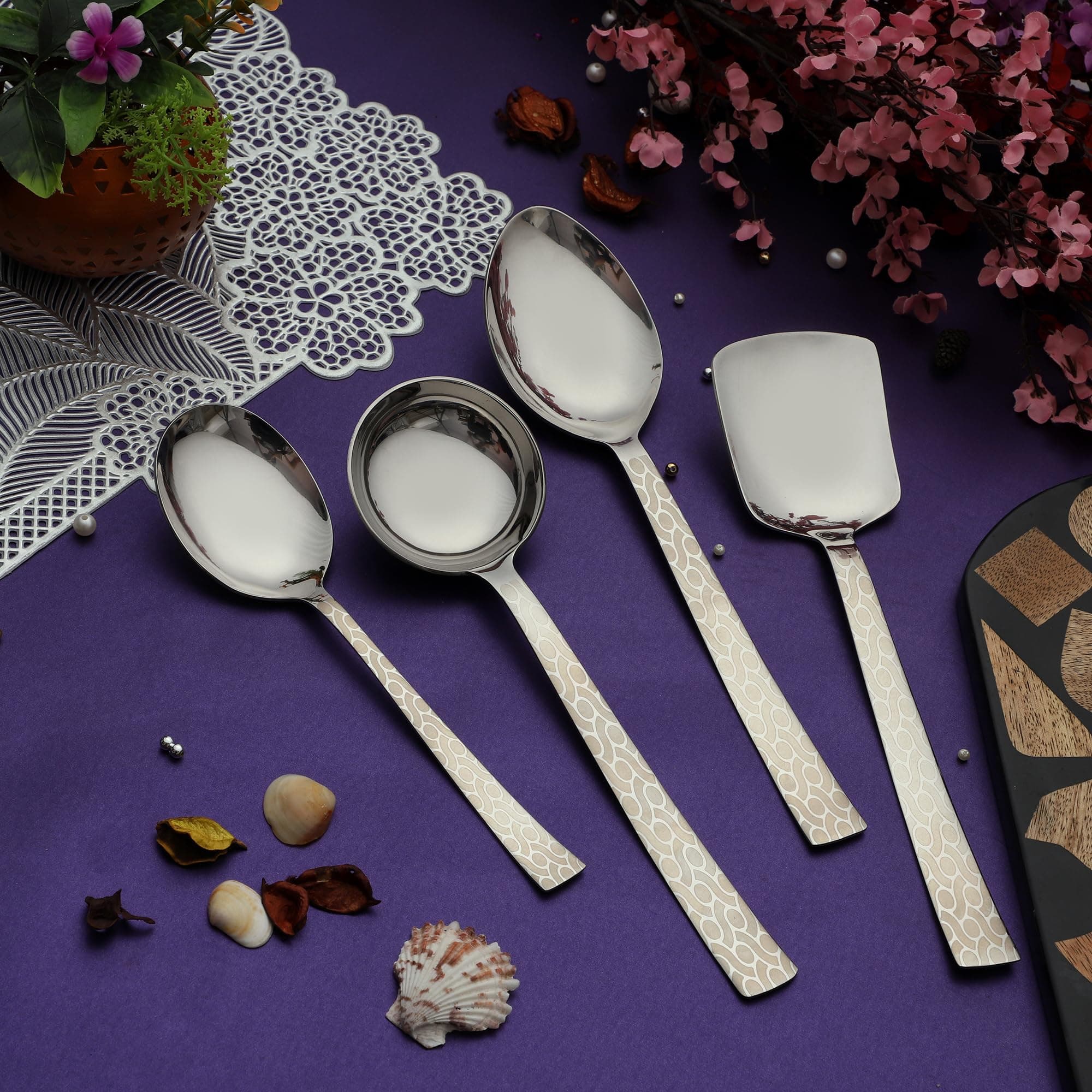 Montavo by FnS - Stainless Steel, Pacific Style - Laser Engraved Serving Set, 4 Pieces, Silver Color – Includes Rice Server, Gravy Ladle, Small Veg Serving, Large Veg Serving