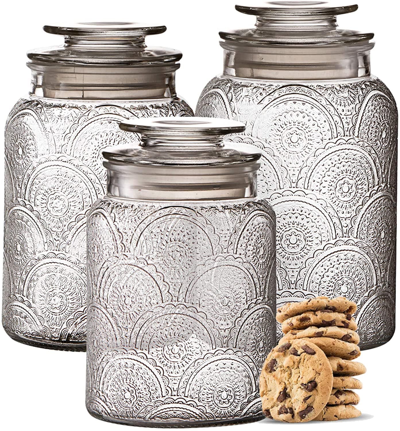 3pc Glass Canisters Set for Kitchen Counter with Airtight Lids - Retro Design - Pantry Organization Food Storage Containers for Cookies, Tea, Sugar, Candy Jars, and More.