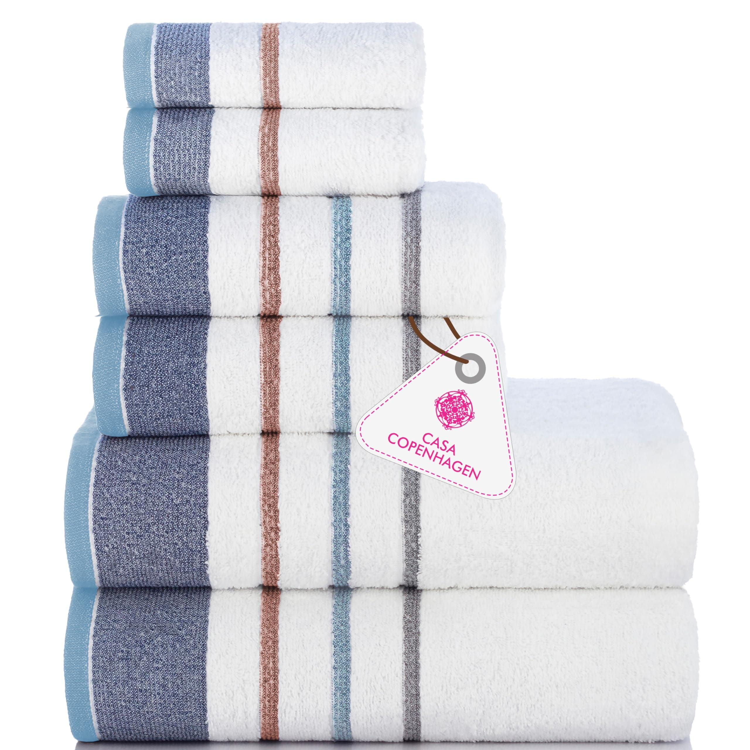 Casa Copenhagen - Egyptian Cotton White Bay Collection 6 Pieces Towel Set Including 2 Bath Towel, 2 Hand Towel, 2 Face Towel - Grey/Denim