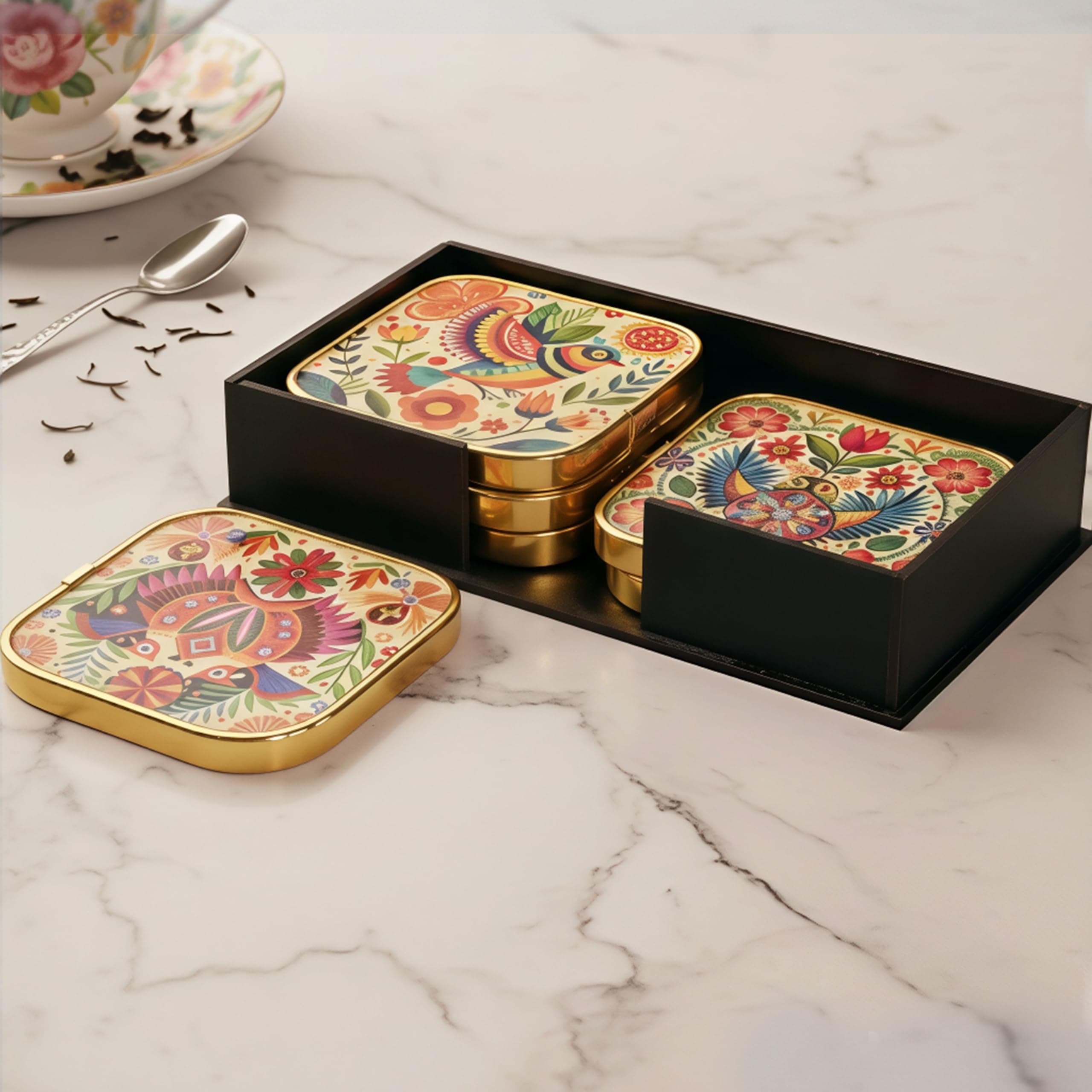Rousrie Stylist Modern Wooden Coasters with Golden Border | Set of 6 | Stand Included Premium Handmade Coaster for Tea Cups, Coffee Mugs, Beer Mugs, 10 by 10 cm