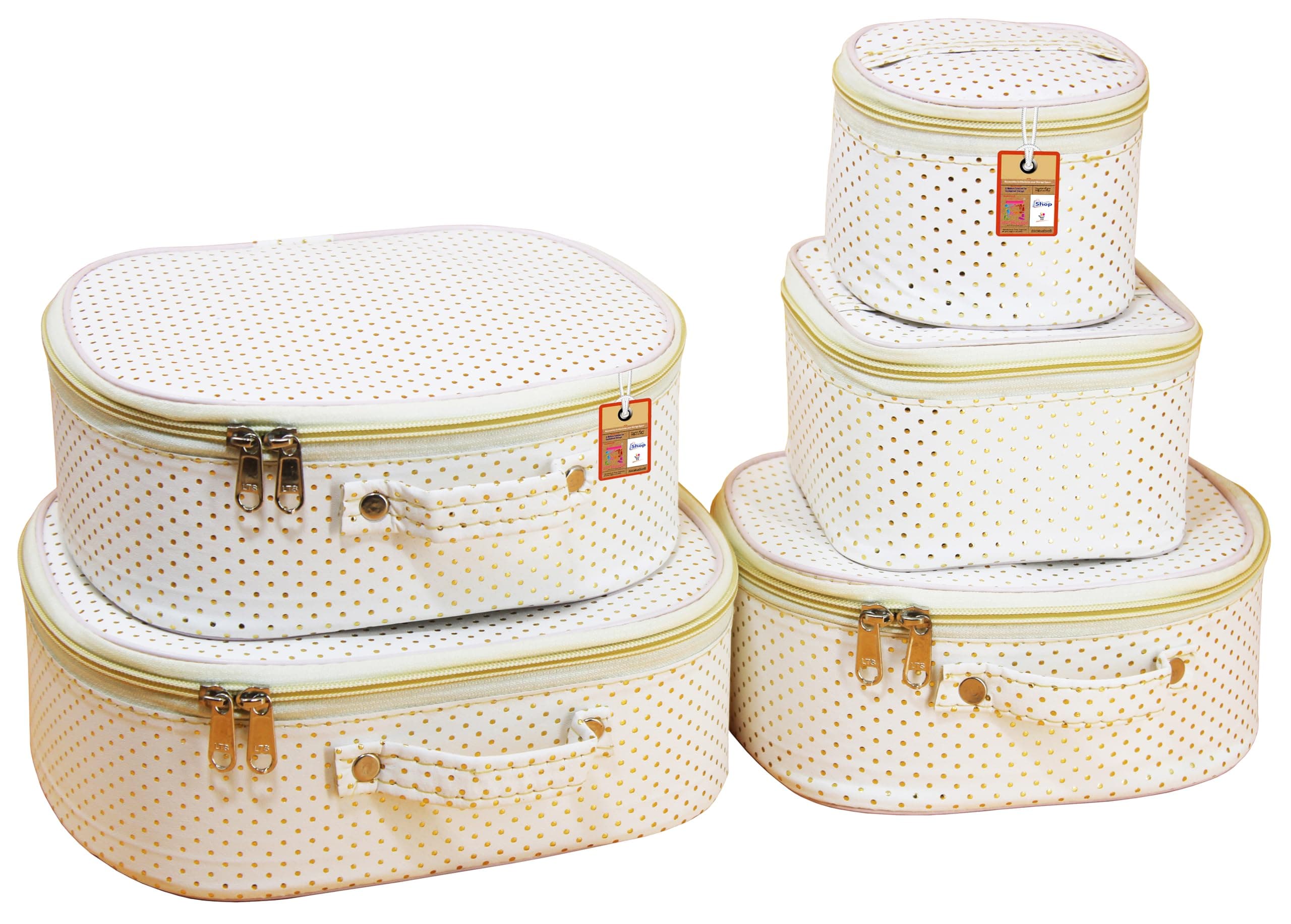 atorakushon Fabric Dotted Cream Makeup Storage Box Travelling Vanity Cosmetic Toiletry Bag Necklace Wardrobe Organizer Jewellery Pouch for Women's