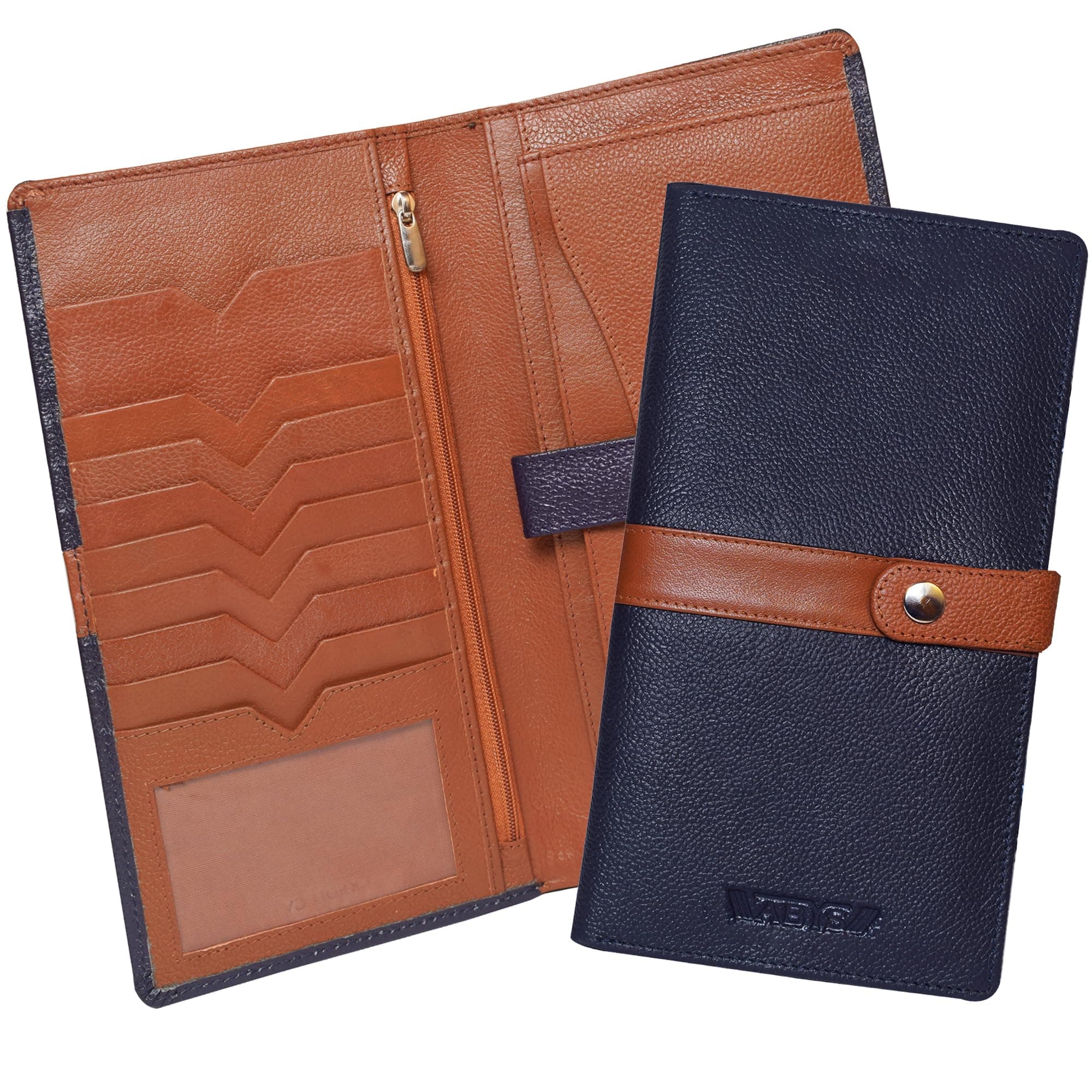 ABYS Genuine Leather RFID Protected Navy-Tan Passport Wallet||Cheque Book Holder with Zip Closure for Men and Women