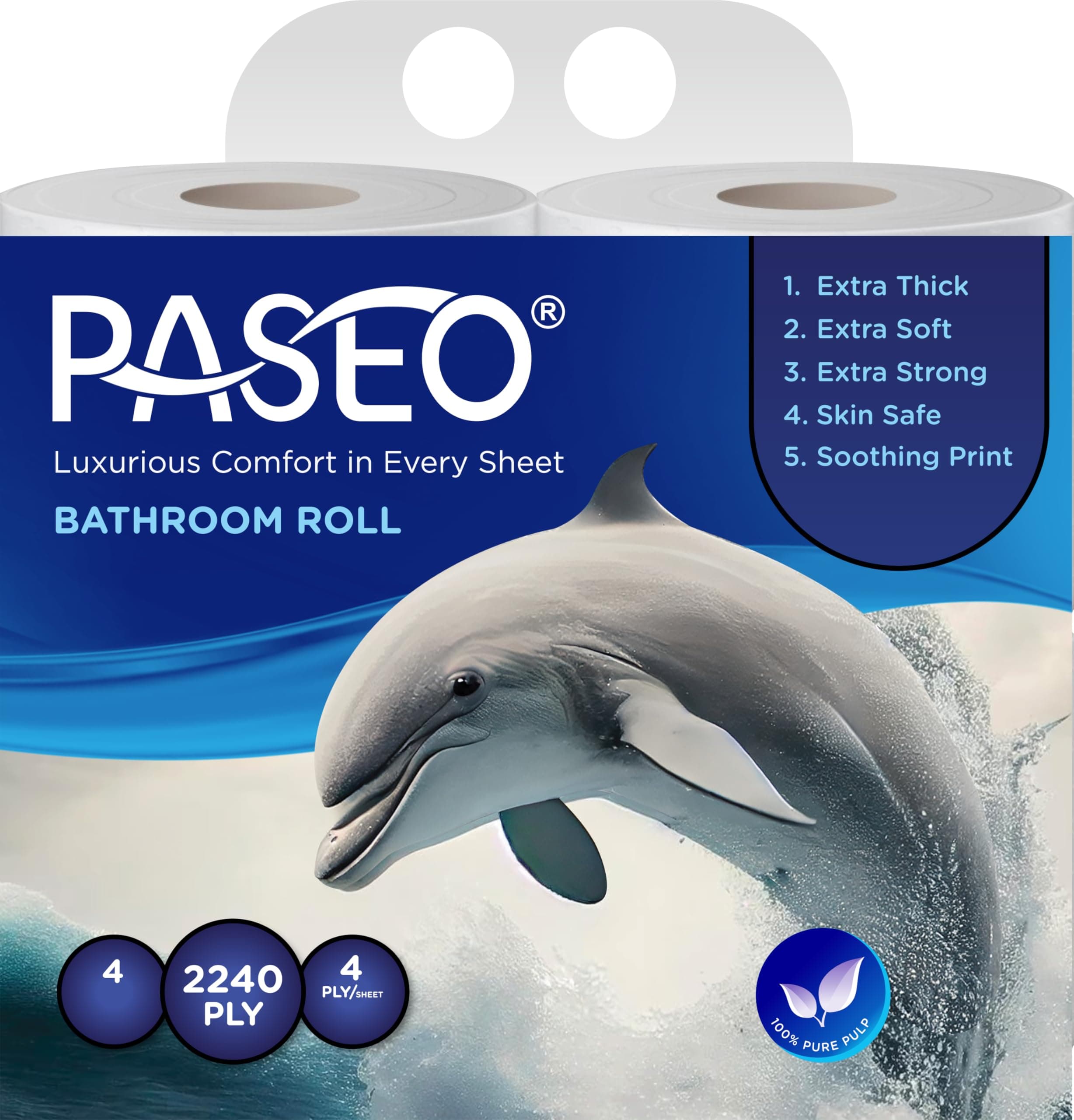 Paseo Dolphin Bathroom Tissue Roll | Embossed | 4 Ply, 140 Pulls, 560 Sheets Per Roll | Extra Soft, Strong & Skin Safe | Premium Toilet Paper, 100% Pure Pulp | Pack of 8 Rolls |