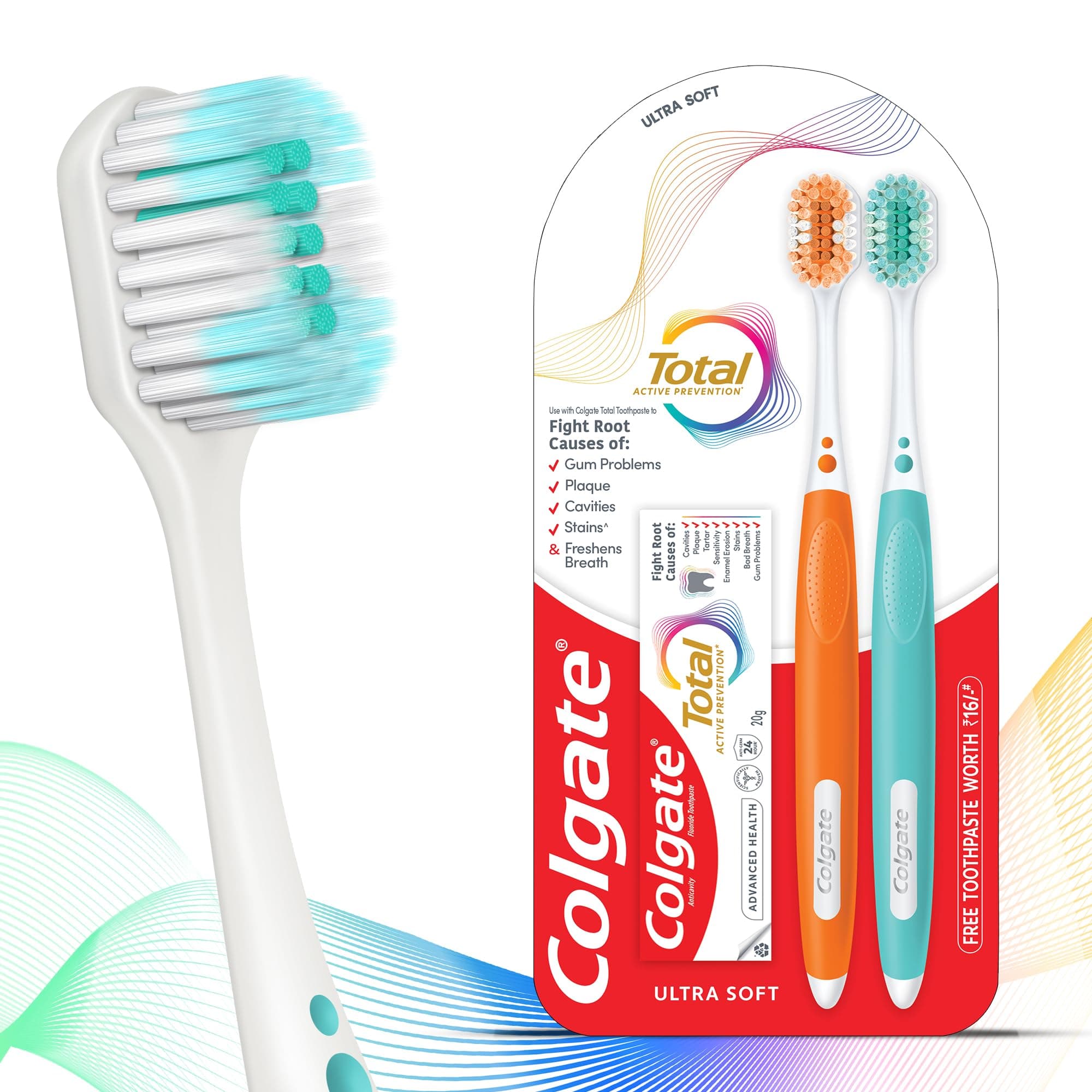 Colgate Toothbrush Total (2pcs) | 2X More Ultra Soft Bristles with Free Total Advanced Toothpaste 20g