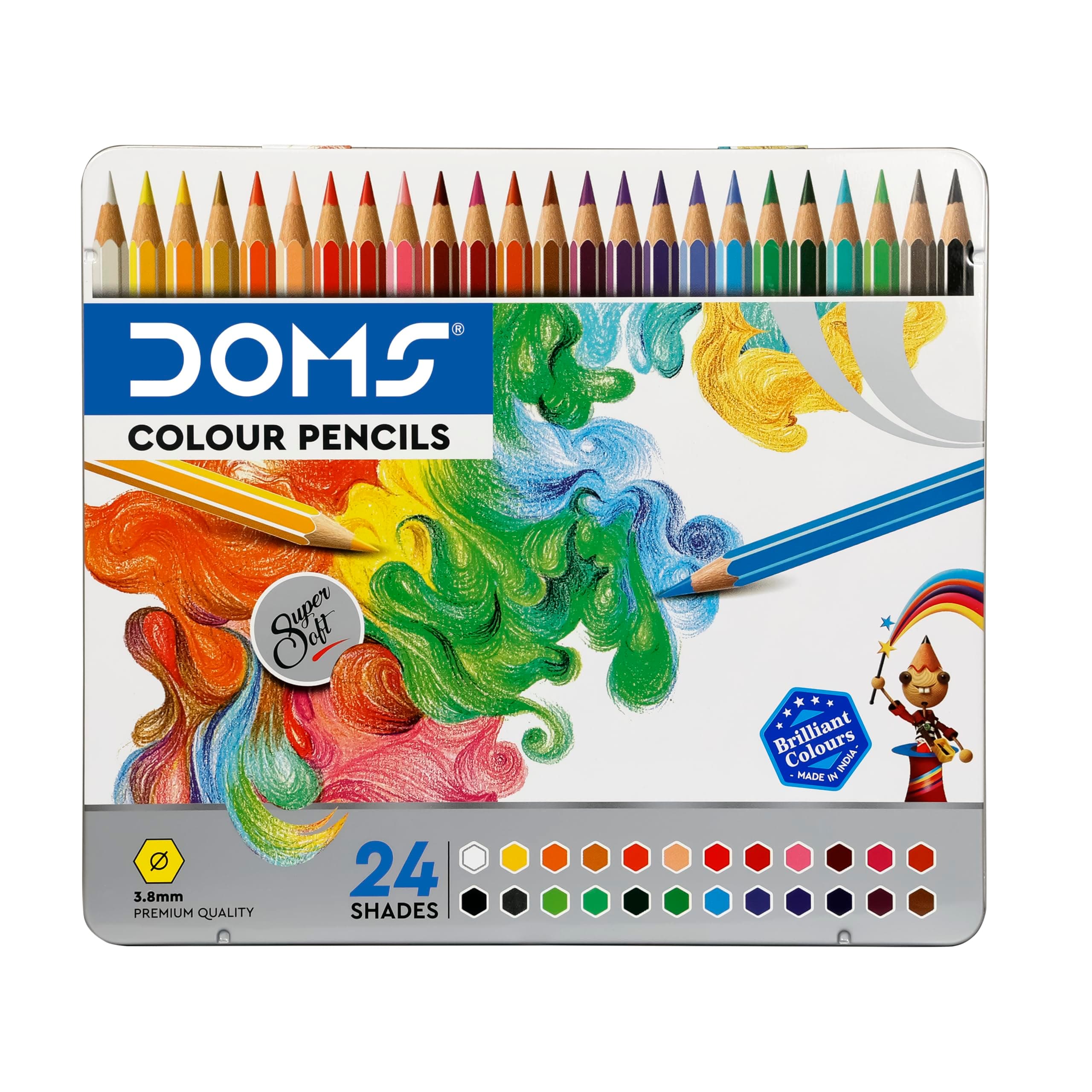 Doms 24 Shades Super Soft Color Pencils Flat Tin Box|Smooth Color Application|For Blending&Experimenting Different Art Strokes|Non-Toxic&Safe For Childrens|Pack Of 1|Multicolor