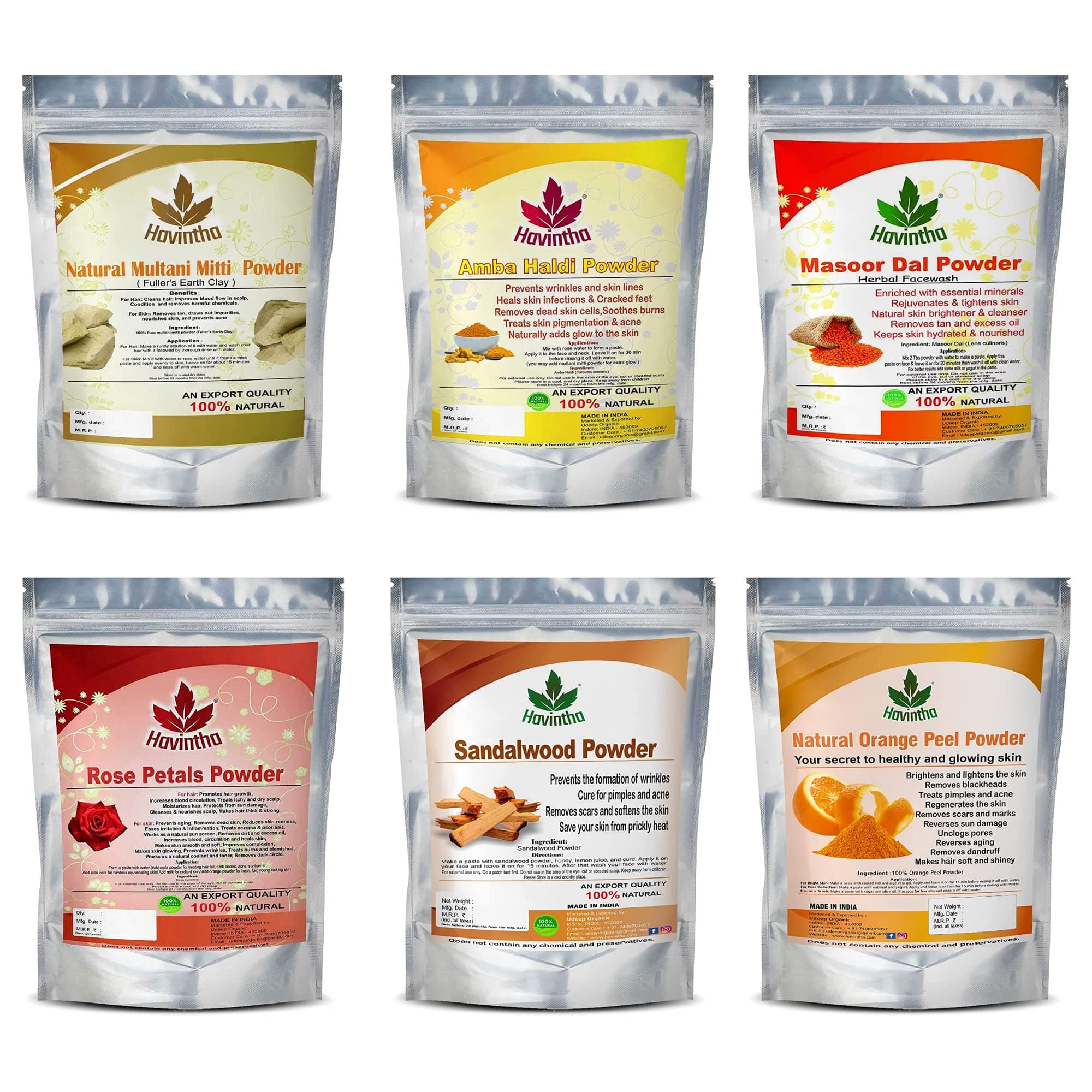 Havintha Natural Face Pack for Healthy and Glowing Skin Combo Pack of Multani Mitti, Sandal Wood, Orange Peel, Rose Petal, Masoor Dal, Amba Haldi Powder (Each 50gm)