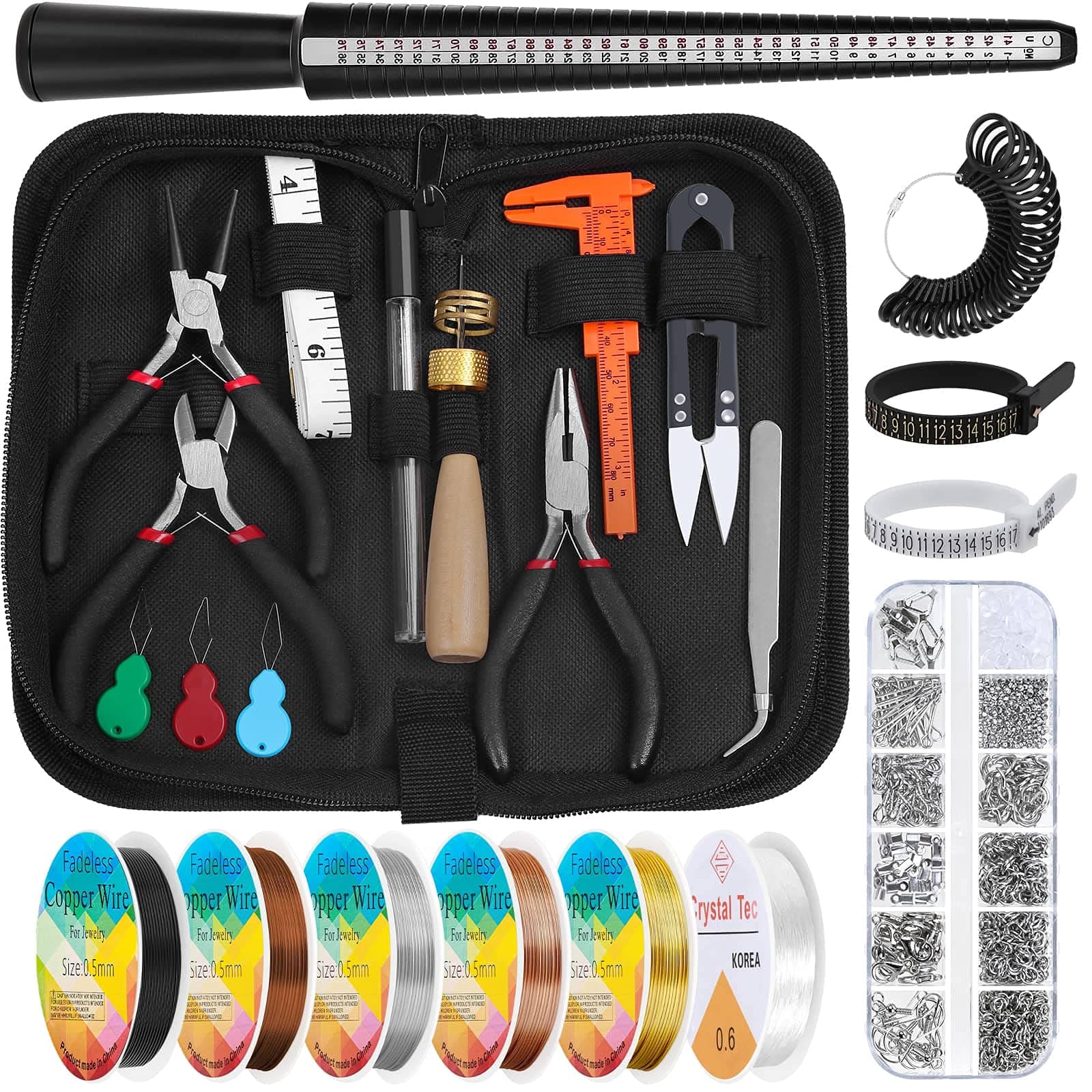 Ring Sizer Jewelry Making Supplies Kit, Audab Jewelry Wire Wrapping Kit with Jewelry Tools, Ring Size Measuring Tools, Ring Wires, Craft Pliers and Jewelry Findings for Crystal Rings Making
