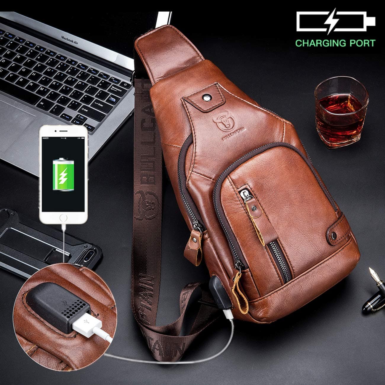 BULLCAPTAIN Sling Bag with USB Charging Port Multi-Pocket Genuine Leather Chest Bag Hiking Travel Daypack XB-129