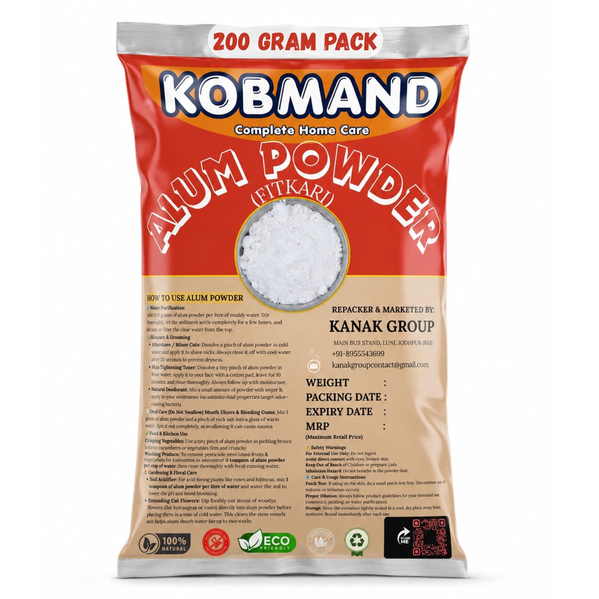 KOBMAND Alum Powder (Fitkari Stone) for face, Teeth, Skin, Water Purification, After Shave, Plants, Bath, Underarms, Deodorant, Mouthwash, Floor Cleaning, Cloth Washing | Phitkari Fitkiri Alam 200 gm