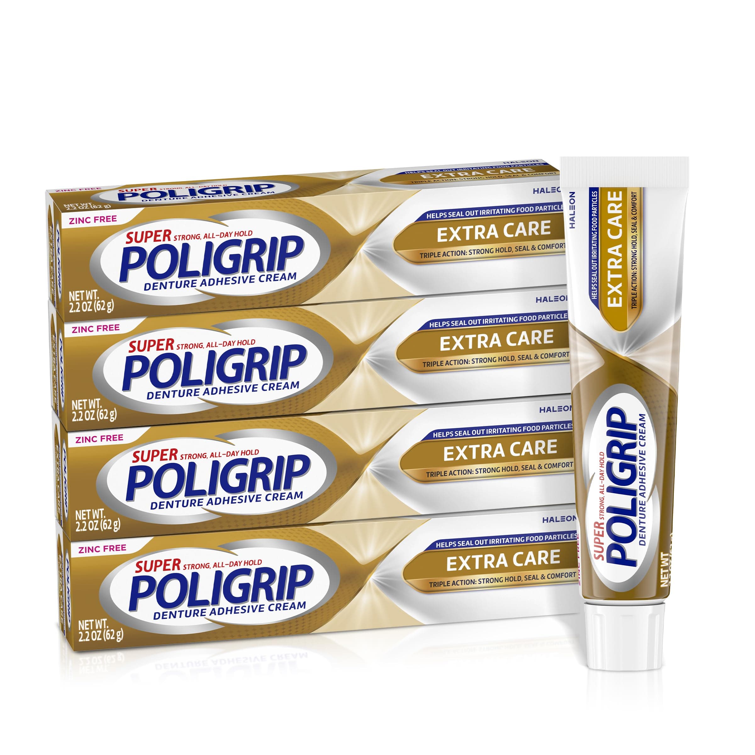 Super Poligrip Extra Care Zinc Free Denture and Partials Adhesive Cream, 4x2.2 ounce
