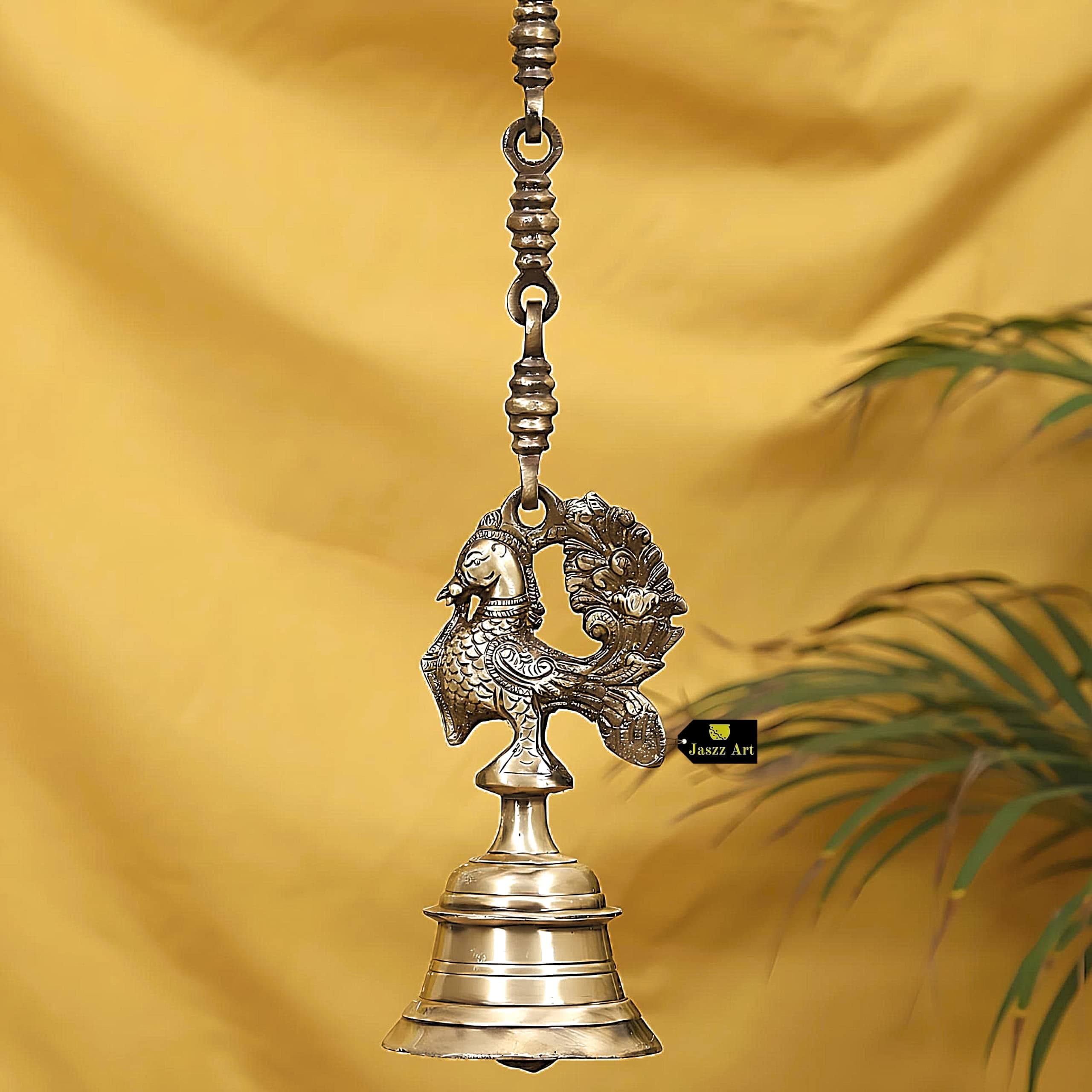 Jaszz Art Peacock Hanging Bell with Chain (60 * 9 * 19 & 1600 gm) Dark Antique Brass Bells for Pooja Gift Home Decor with Ghanti Handmade Article for Festival Vastu (Pack of 1)