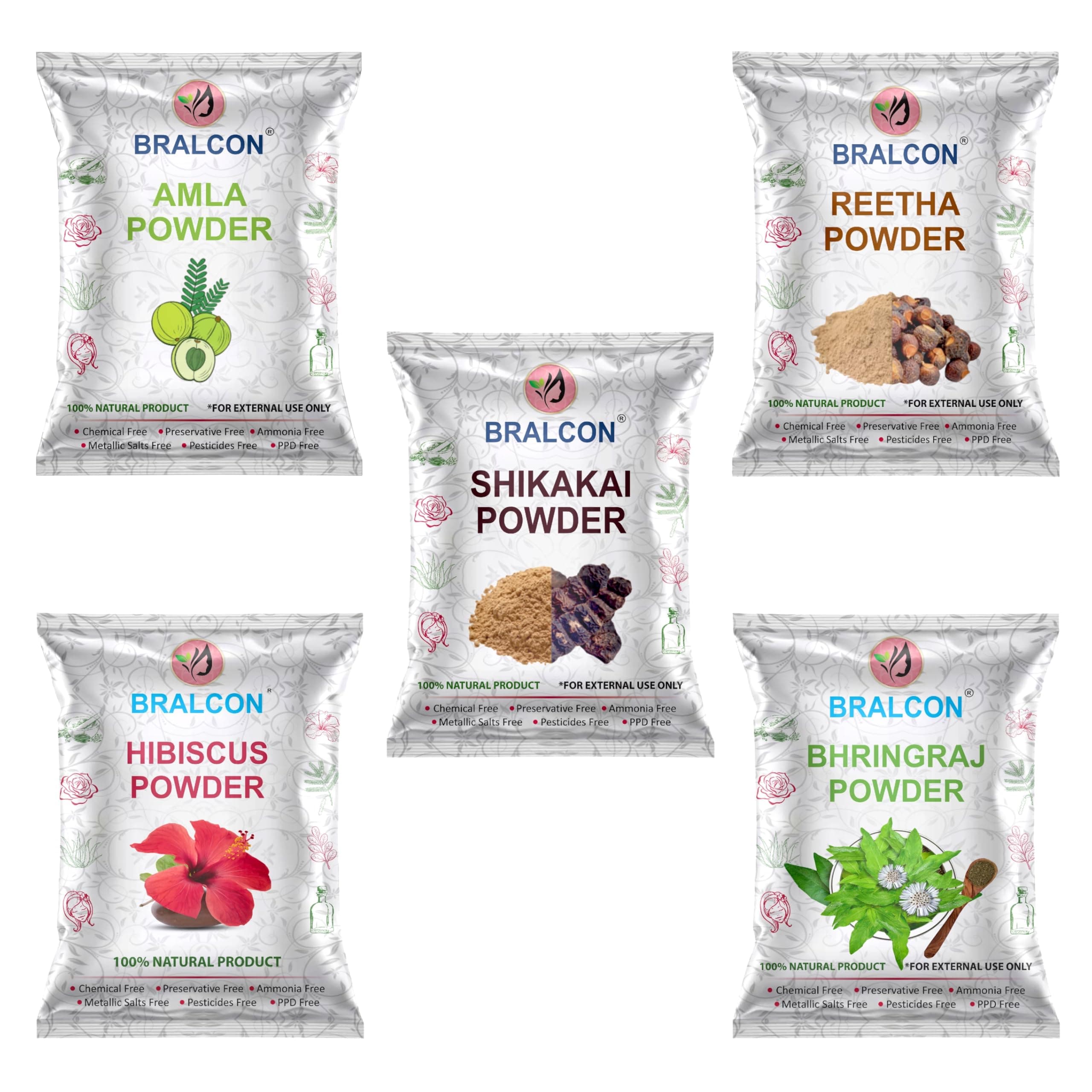 BRALCON Amla, Reetha, Shikakai, Hibiscus, Bhringraj Natural Herbal Powder Combo for Hair - 100g Each, Pack of 5, Total 500g, Chemical Free