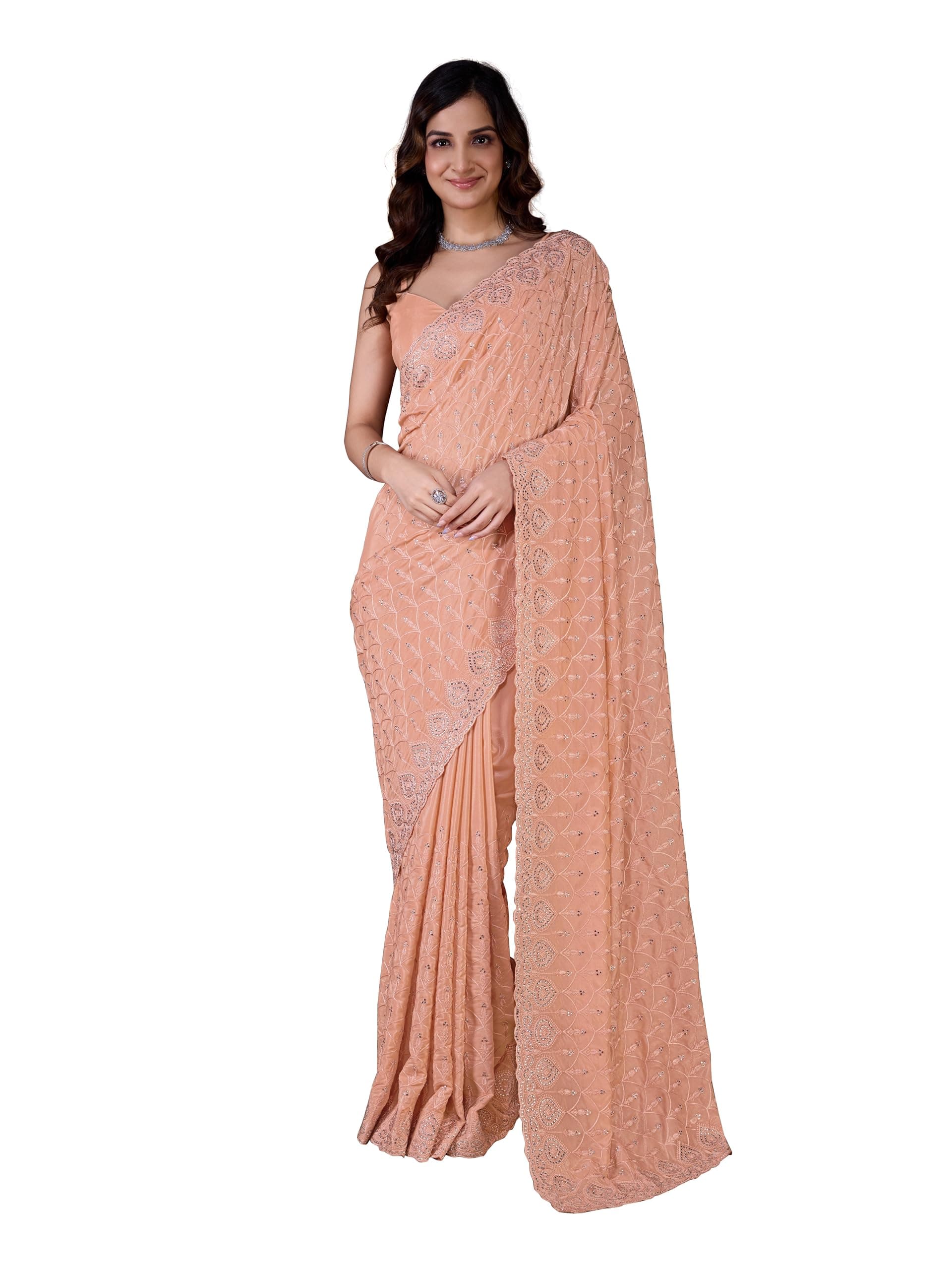 TRENDMALLS Women's Silk Embroidery Zarkan Work Saree with Unstitch Blouse Piece (K1129-Orange)