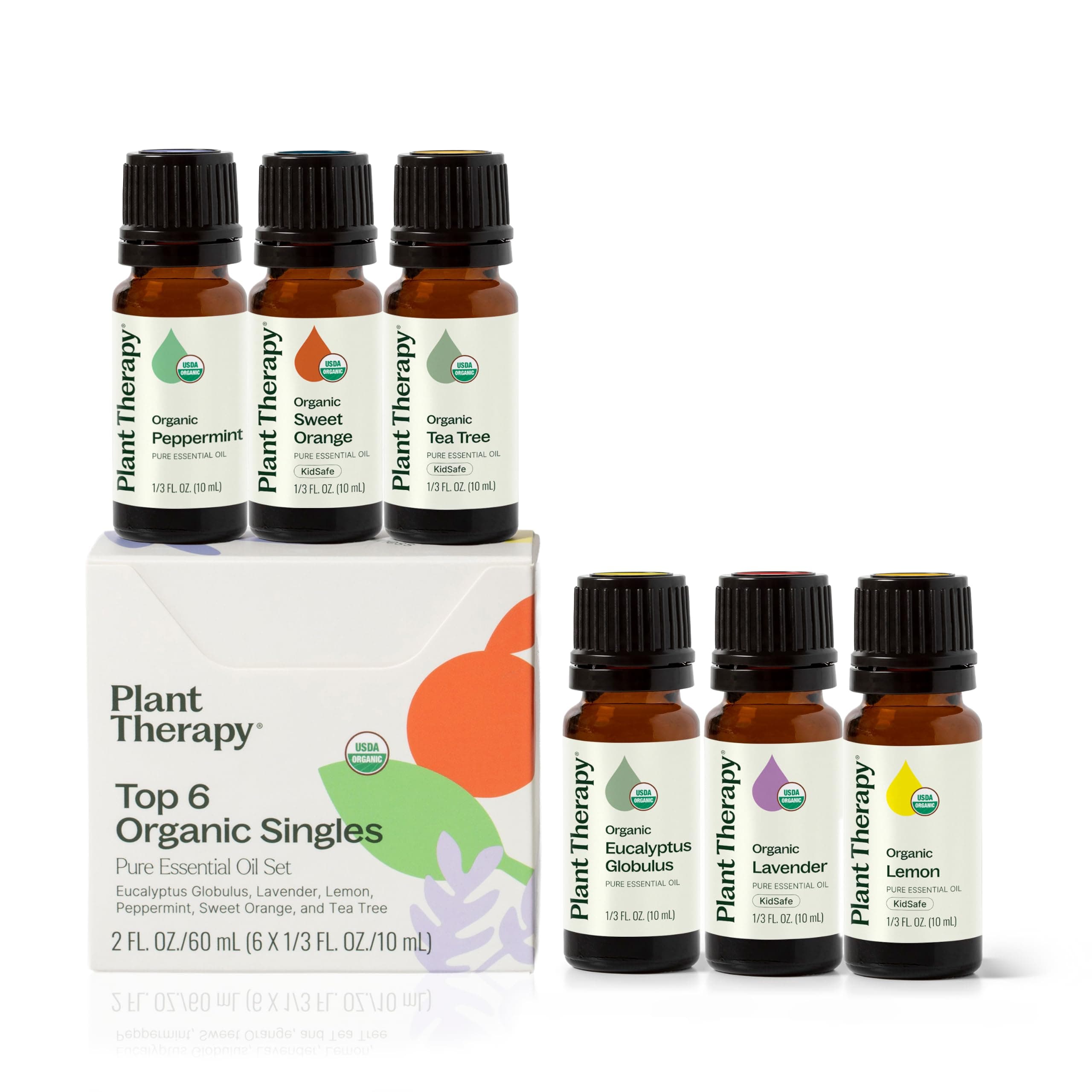 Plant Therapy Top 6 Organic Essential Oil Set - Lavender, Peppermint, Eucalyptus, Lemon, Tea Tree 100% Pure, USDA Organic, Natural Aromatherapy, Therapeutic Grade 10 mL (1/3 oz)