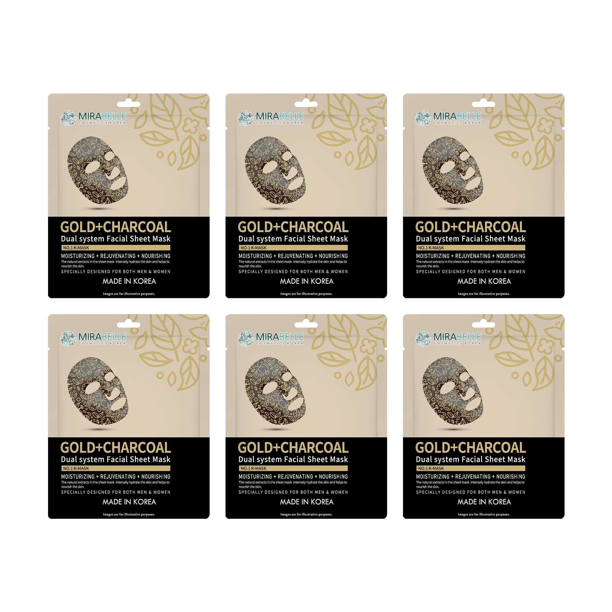 Mirabelle Gold + Charcoal Facial Sheet Mask | Sebum Control | Reduce Spots | Women & Men | Made In Korea | Combo Pack Of 6 (Each 25ml)