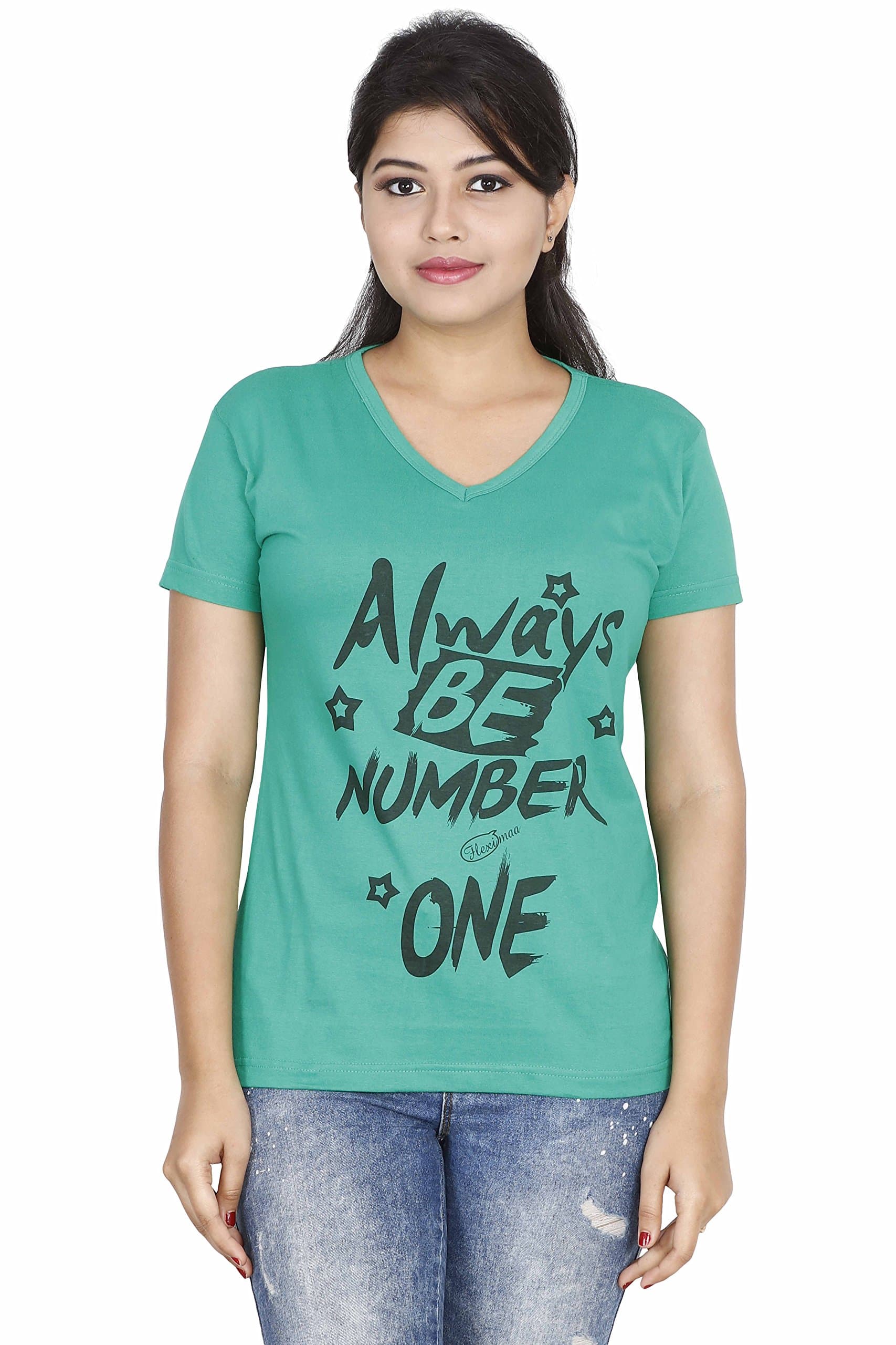 FLEXIMAA Women's V-Neck Printed T-Shirt - XL