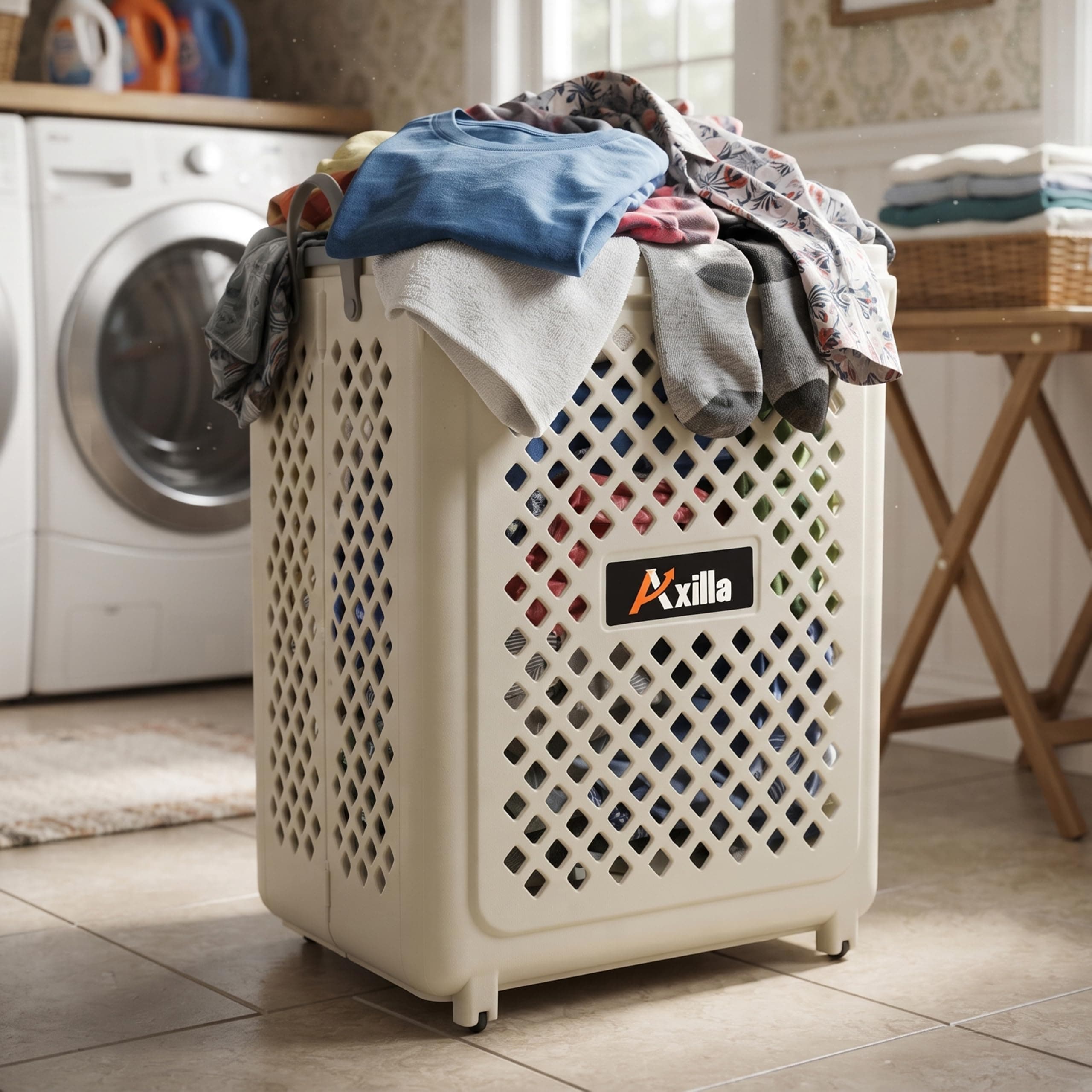 Axilla 45 Litres Plastic Foldable Laundry Basket with Wheels | Clothes Basket for Laundry and Clothes Storage | Durable Multipurpose Foldable & Space-Saving Laundry Bag (White)