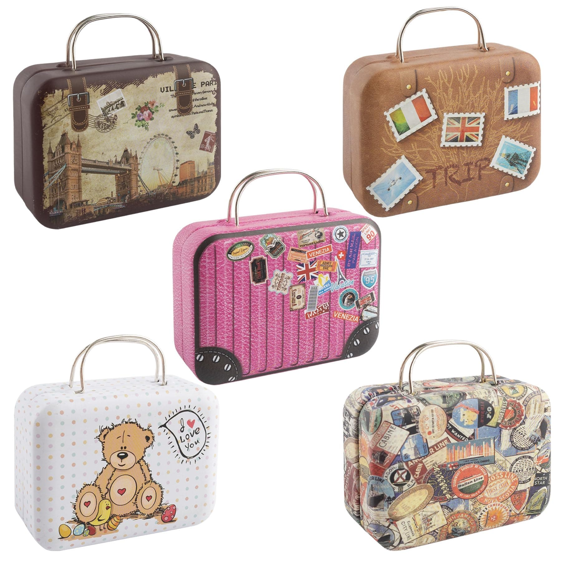 Framendino, 5 Pack Mini Suitcase Boxes Small Cartoon Tin Rectangular Handbag Tin Jewelry Coin Container for Party Wedding Decorations