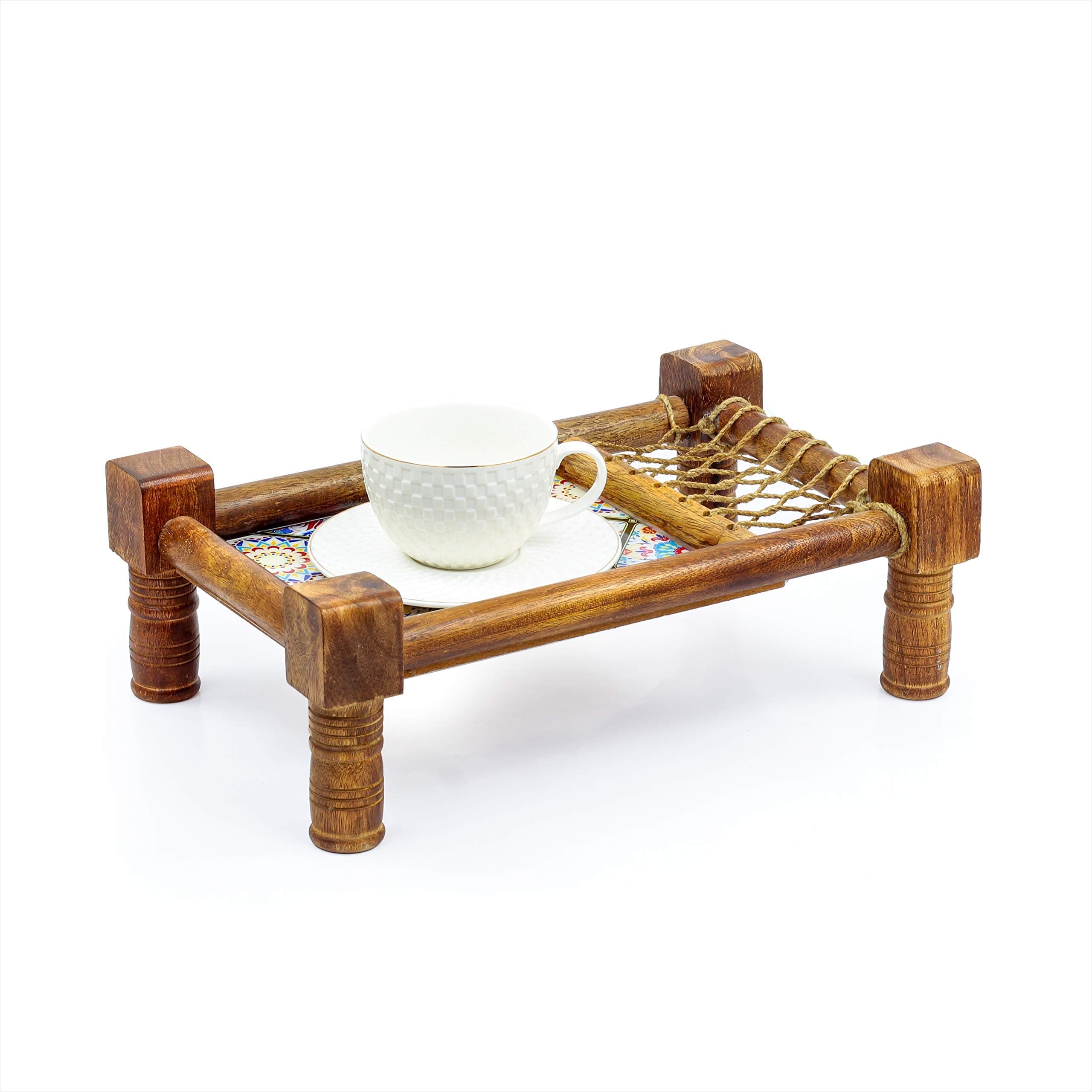 Nagina International North Indian Wooden Coat Decor Accent Traditional Decorative Asian Cot Tray for Snacks and Drinks
