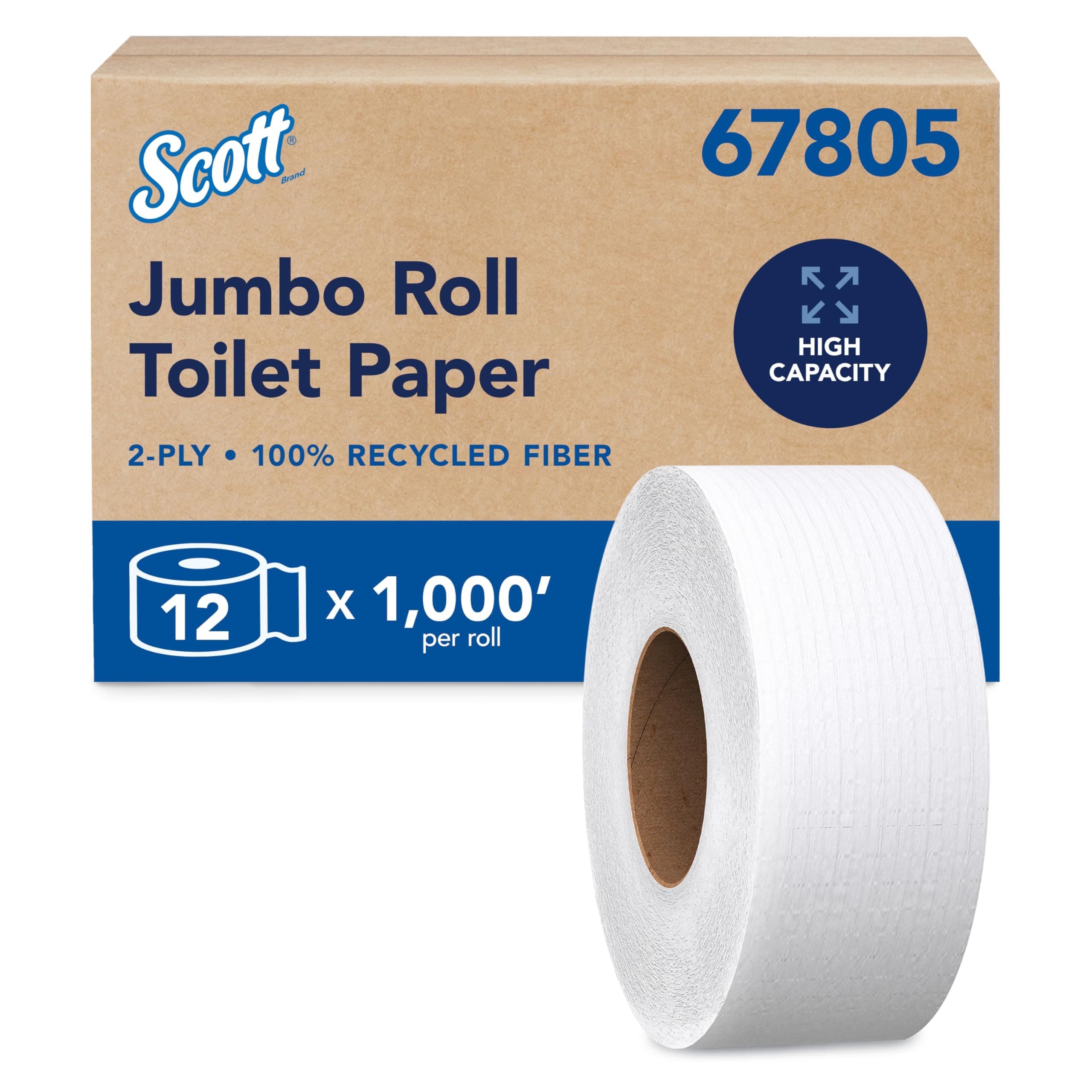 Kimberly-Clark Professional Scott 1000 Jumbo Roll JR. Commercial Toilet Paper (67805), 100% Recycled Fiber, 2-PLY, White, 12 Rolls / Case, 1000' / Roll