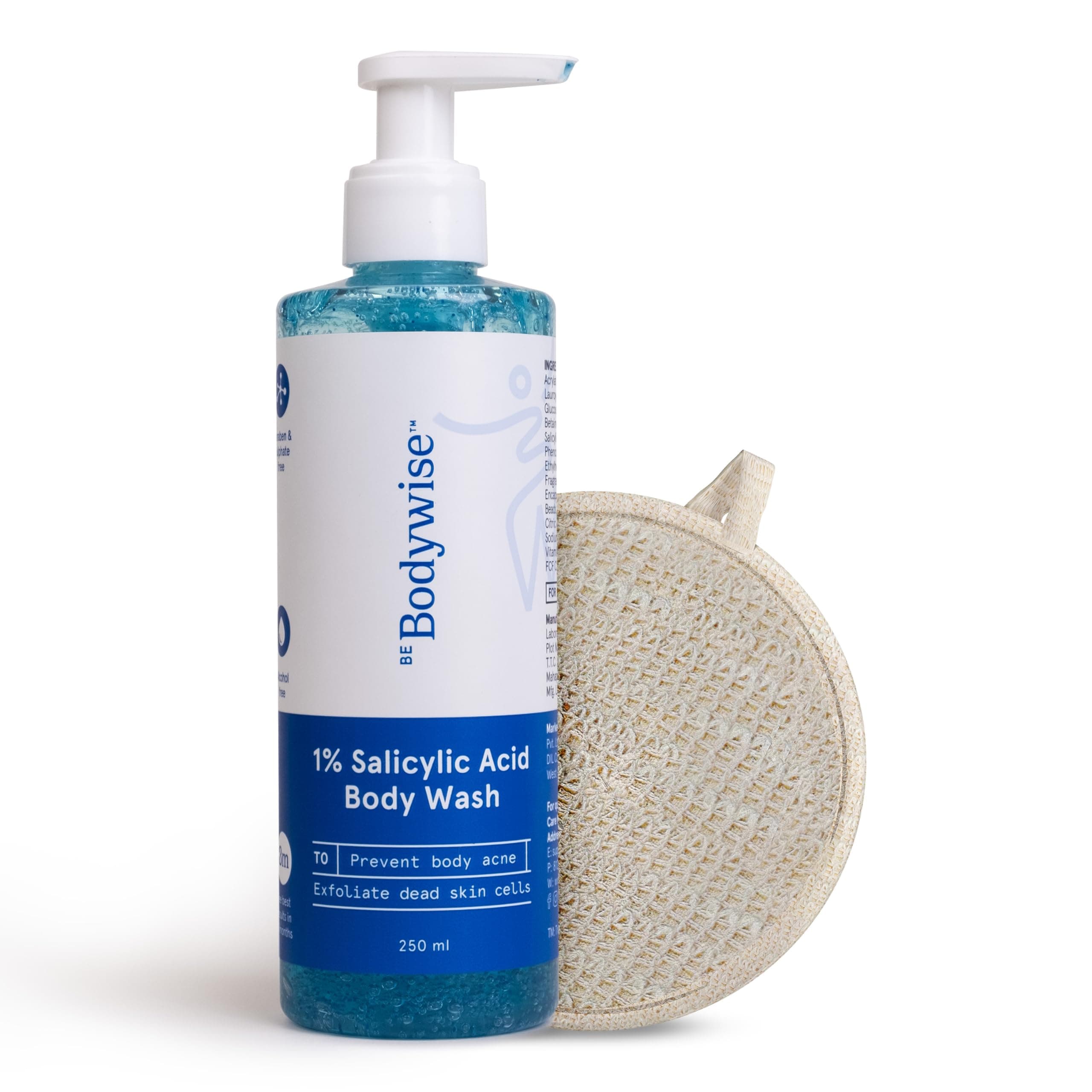 Be Bodywise 1% Salicylic Acid Body Wash With Free Loofah | Gently Exfoliates to Prevent Body Acne & Cleanse Skin | Paraben and SLS free | 250ml