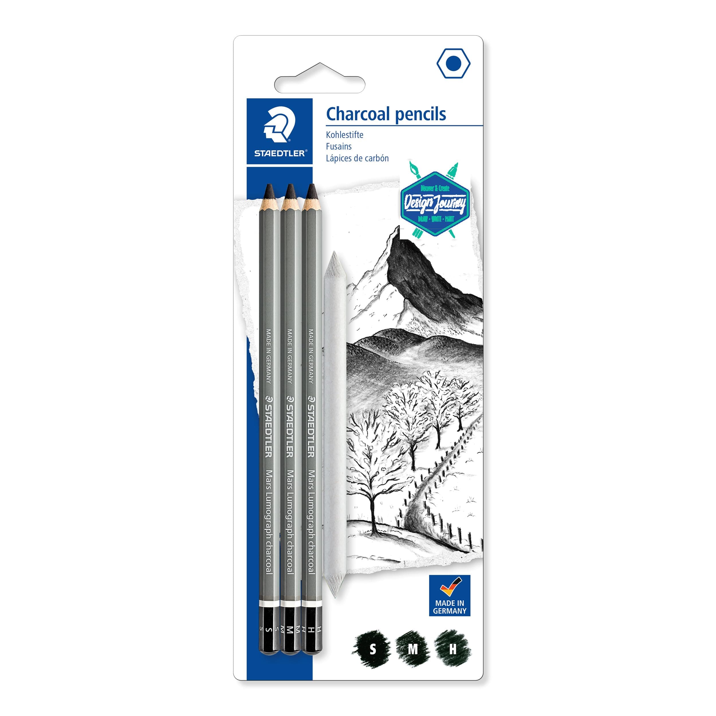 STAEDTLER Mars Lumograph Charcoal Pencils, Blister Pack of 3 Charcoal Pencils (H, M, S) + 1 Blending Stump No. 4 (100C_SBK4)
