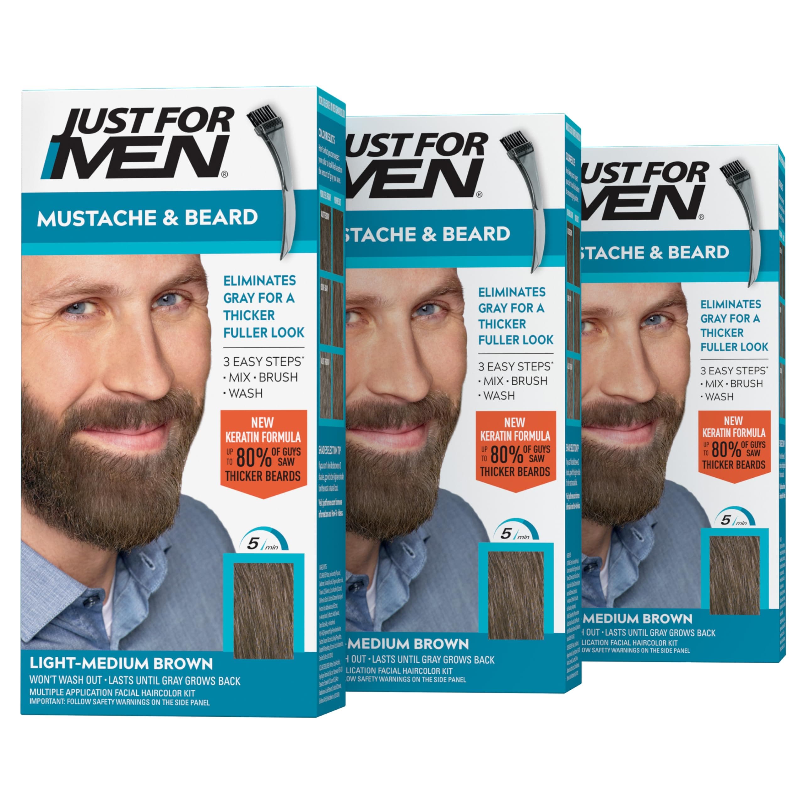 Just For Men Brush-In Color Gel Mustache & Beard Color, 72.6g (Pack of 3) - Light-Medium Brown