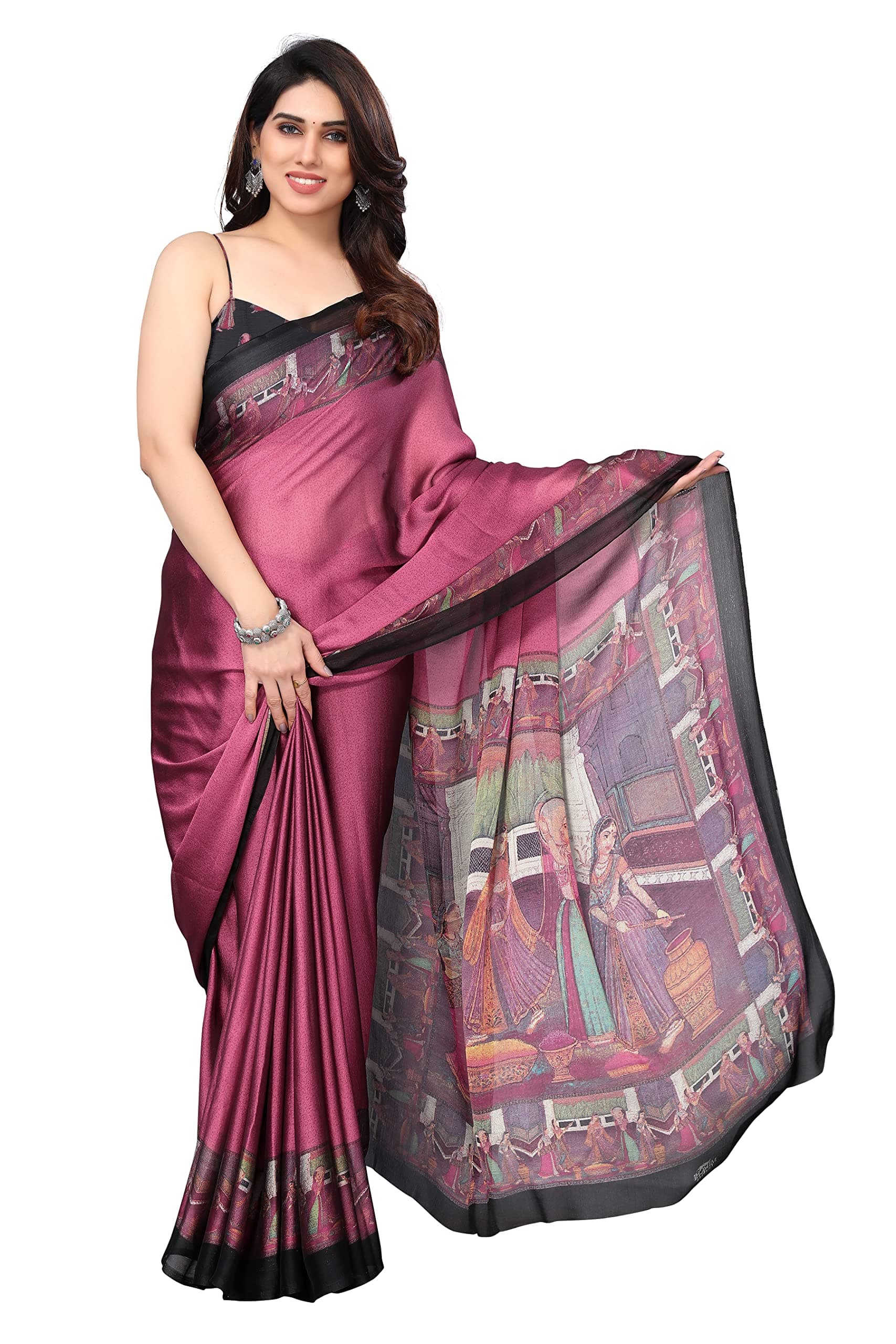 MIRCHI FASHION Women's Chiffon Printed Saree with Blouse Piece (M19189-Pink, Black)