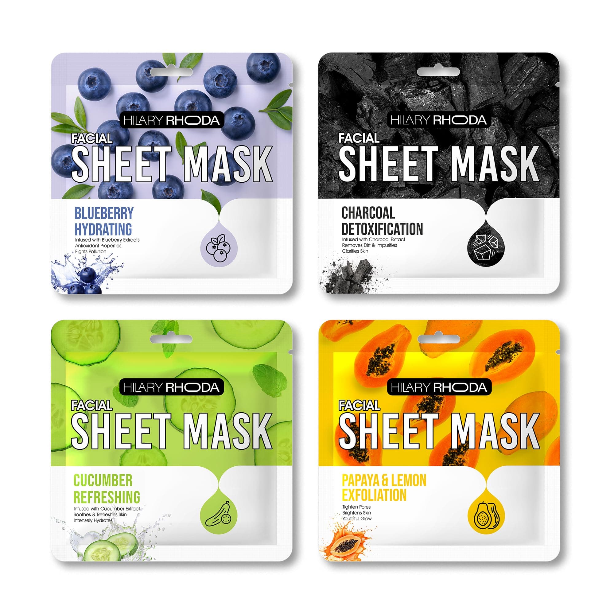 Hilary Rhoda Facial Sheet Mask | Hydrate, Detox, Brighten & Exfoliate | 4 Unique Masks for All Skin Needs | Suitable For All Skin Types | 20 Gm X 4U | Pack of 4