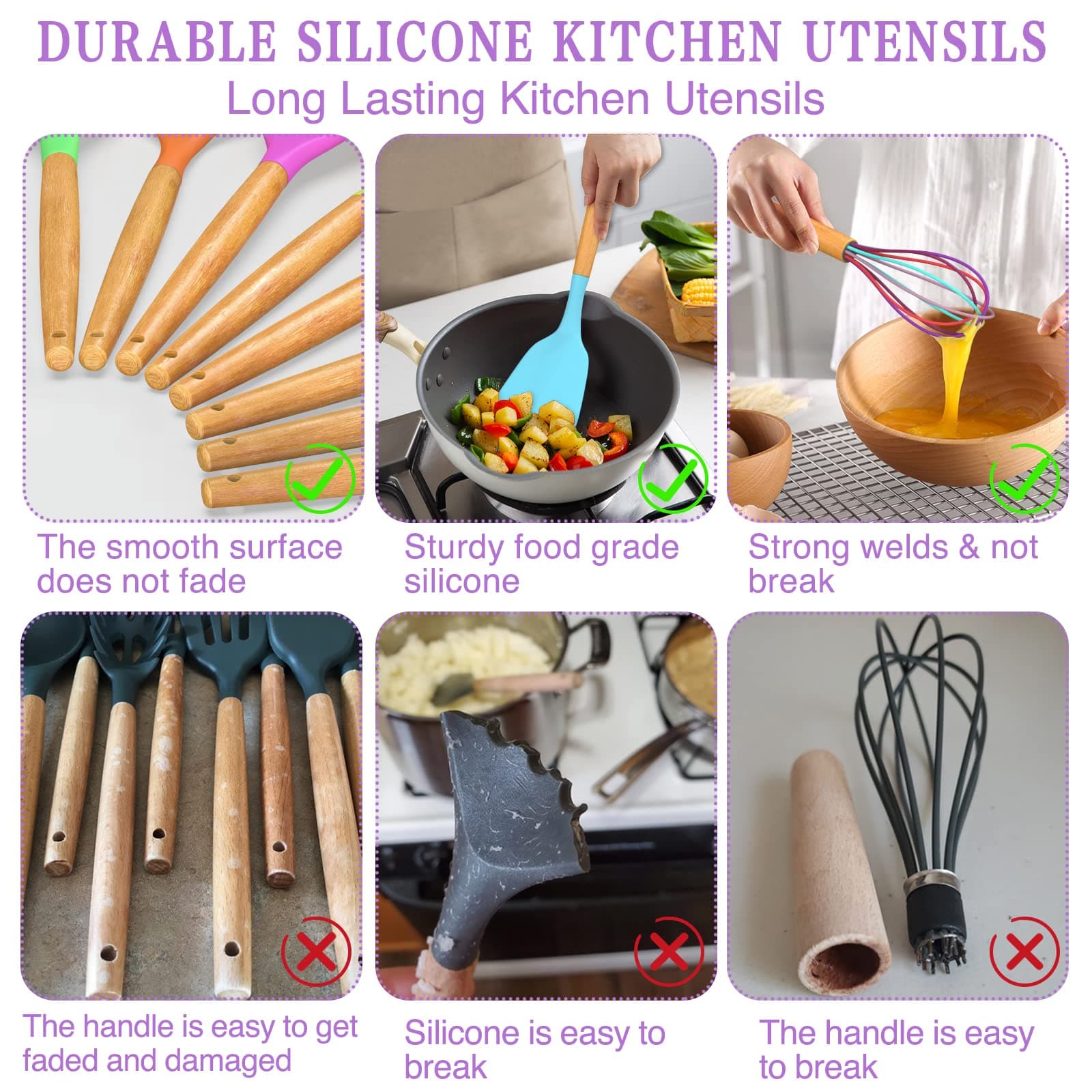 Umite Chef Kitchen Cooking Utensils Set, 24 pcs Non-stick Silicone Cooking Kitchen Utensils Spatula Set with Holder, Woodle Handle Heat Resistant BPA-Free Silicone Kitchen Gadgets Utensil Set