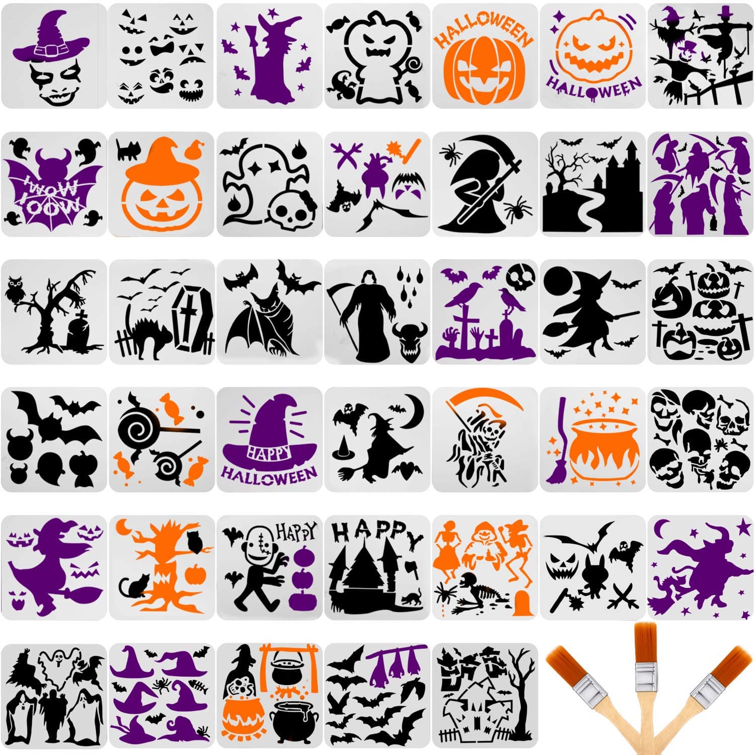 40 Pieces Halloween Plastic Painting Stencils Reusable Halloween Template Pumpkin Witch Skeleton Skull Vampire Spider Ghost Cat Stencils with 3 Pieces Paint Brush for DIY Craft Drawing Spraying