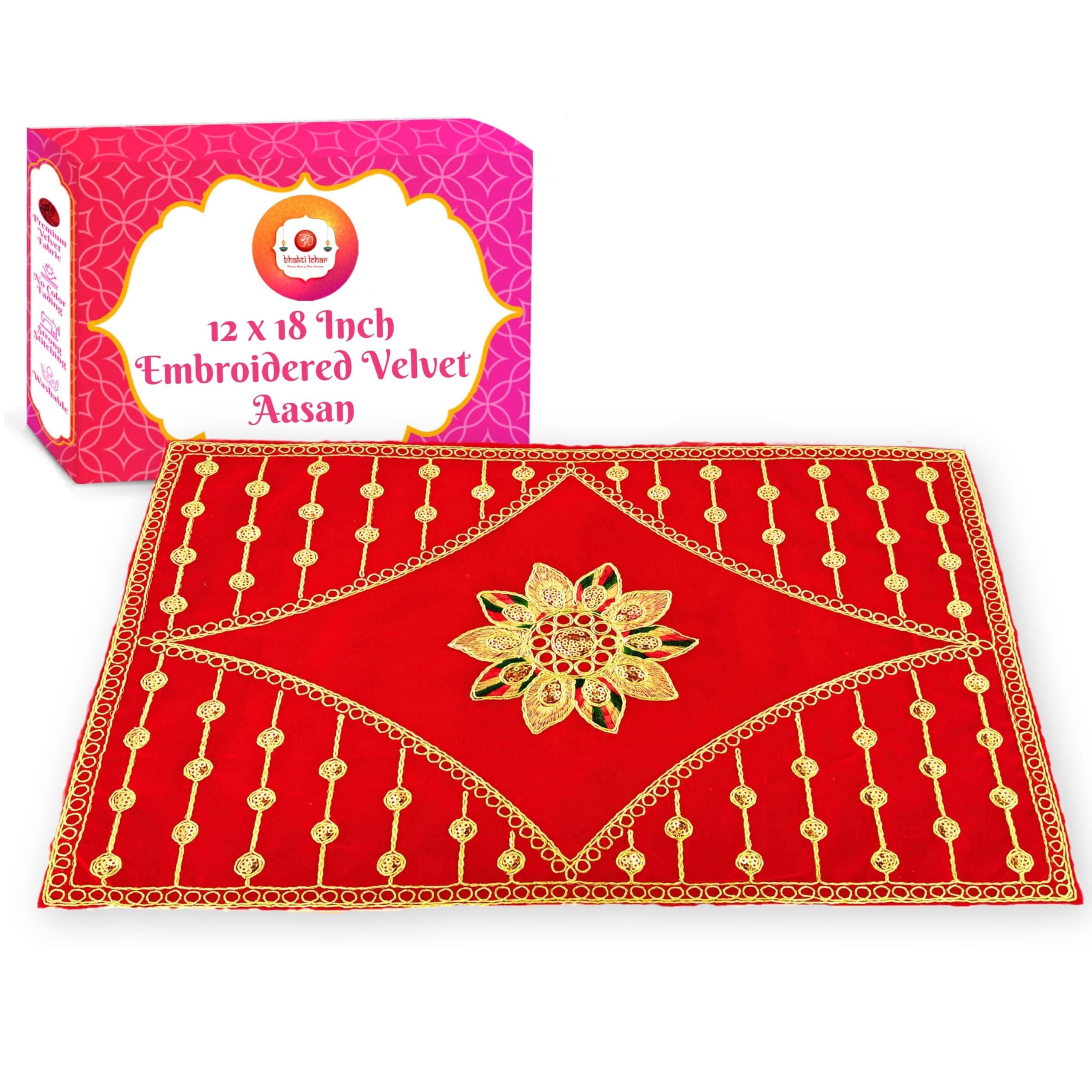 Bhakti Lehar (12 x 18 Inch) Embroidered Red Velvet Cloth for Pooja and God Idol/Puja Aasan Kapda/Chawki Altar Red Puja Cloth for Mandir, Temple and Other Puja Rituals