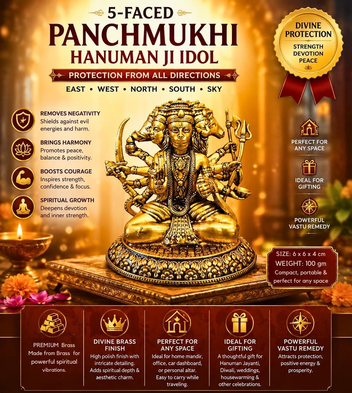 Panchmukhi Hanuman Idol for Home Temple | Brass Hanuman Statue for Pooja, Vastu, Protection | 5 Faced Hanuman Murti for Gift & Home Decor - Hindu God Figurine