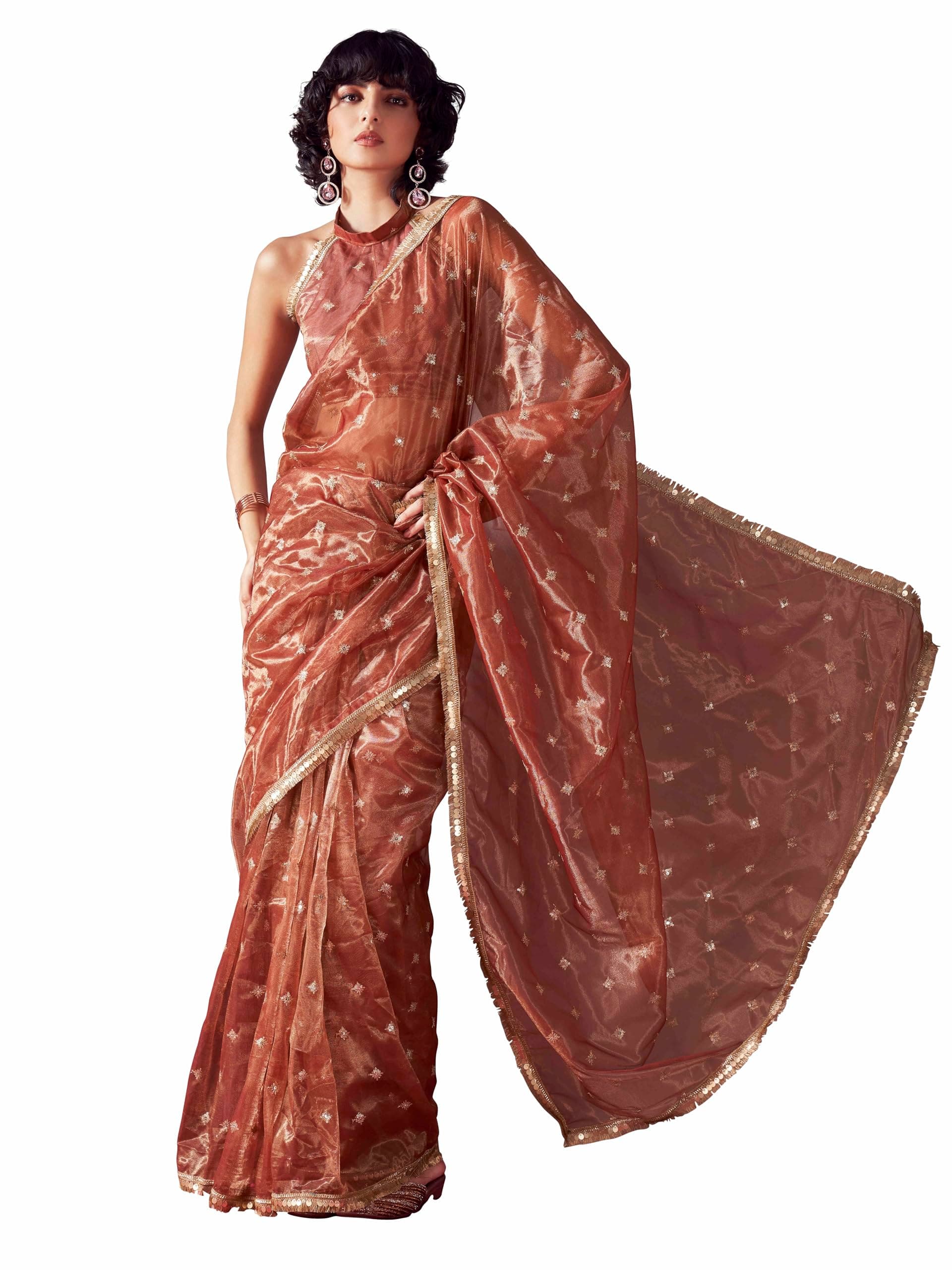 Womanista Women's Rust colored shimmer net saree with sequence embroidery and sequinned tassle lace(TI6578_Rust_Onesize)