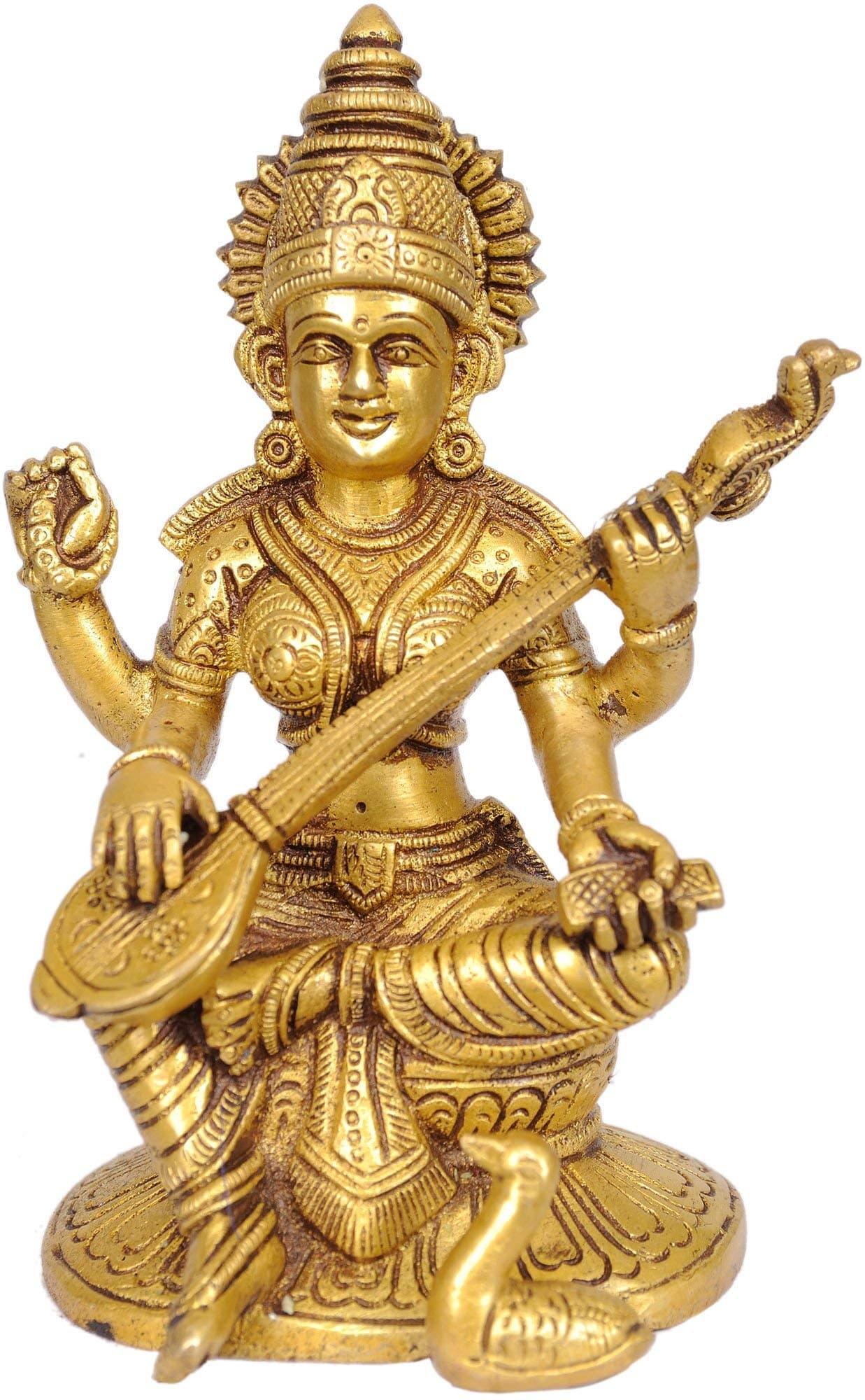 Aone India Brass Goddess Saraswati Idol (6.5 Inch, Gold)
