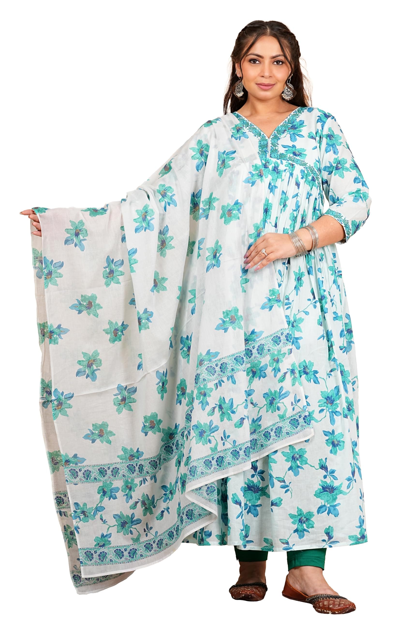 Yash Gallery Women's Cotton Floral Printed 3/4th Sleeve V-Neck Embroidered Work Anarkali Kurta with Dupatta